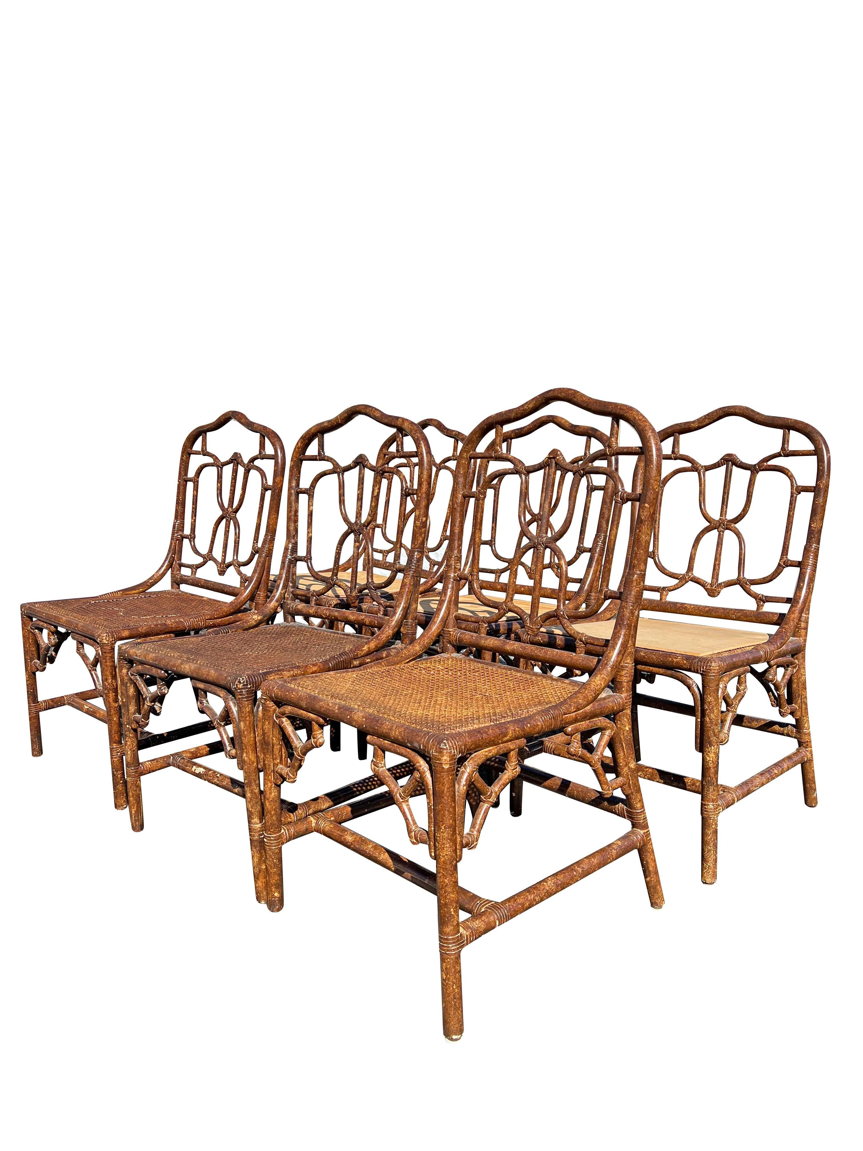 1980s Bamboo Rattan Dining Chairs With Cane Seating in Tortoise Color- Set of 6 1