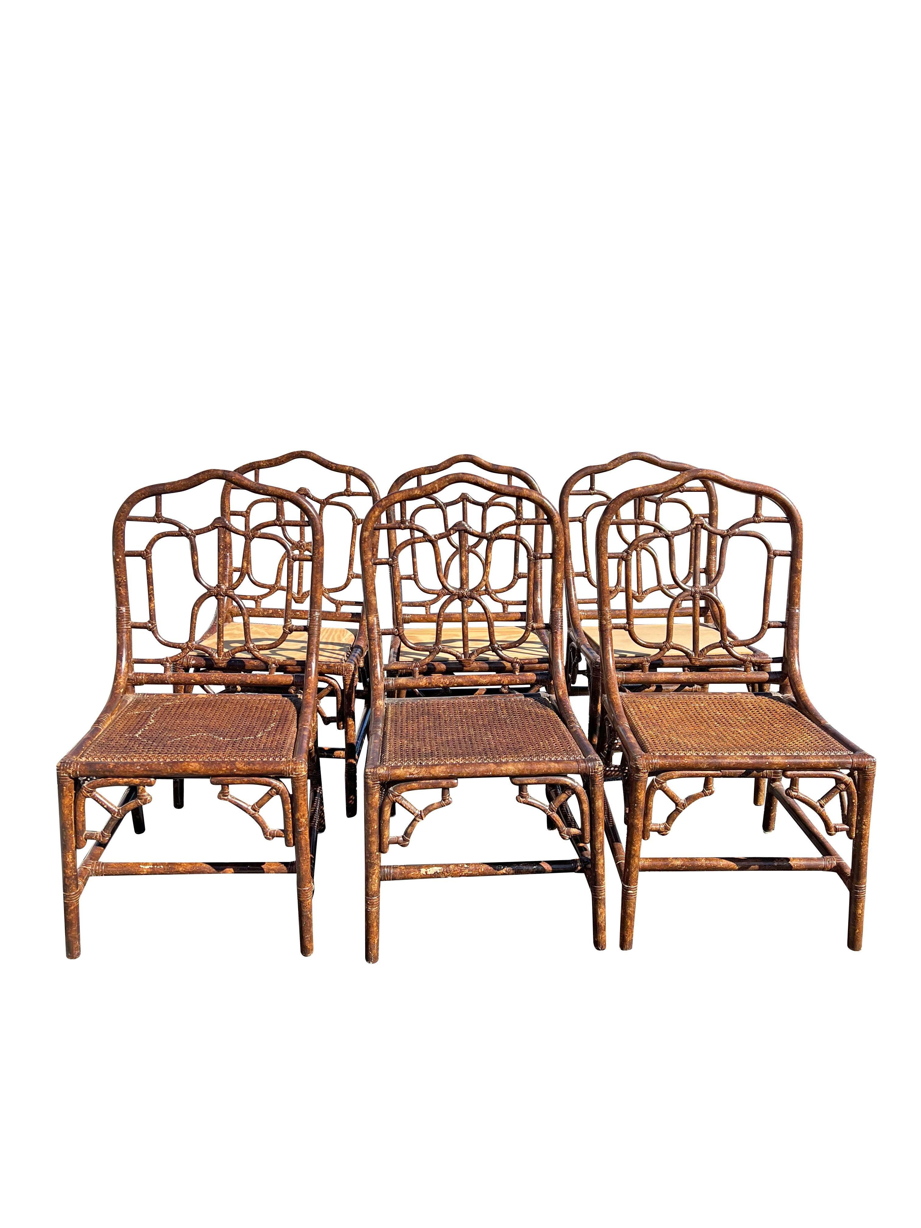 1980s Bamboo Rattan Dining Chairs With Cane Seating in Tortoise Color- Set of 6 2