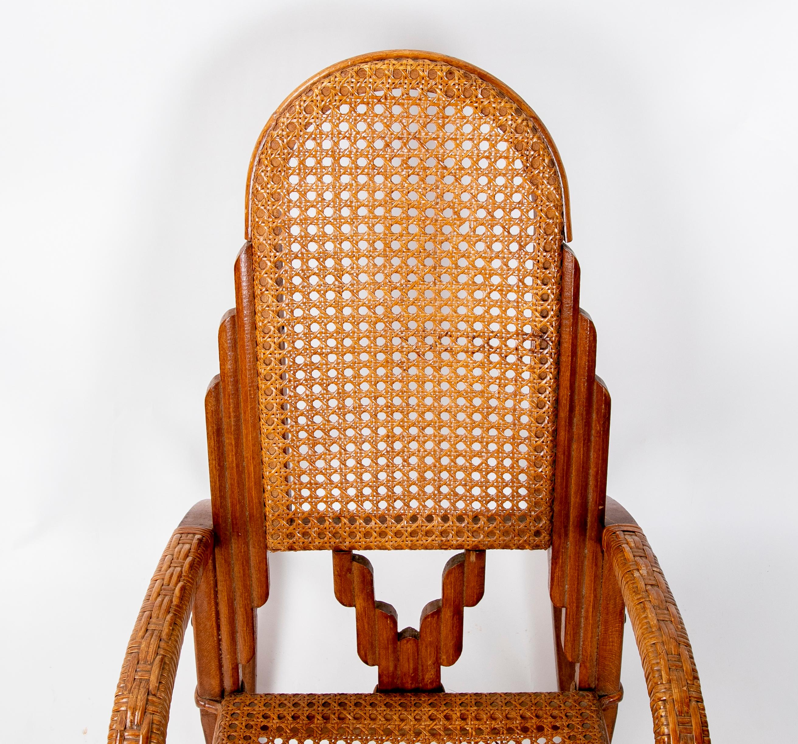 Spanish 1980s Bamboo, Wood and Wicker Children's Rocking Chair For Sale