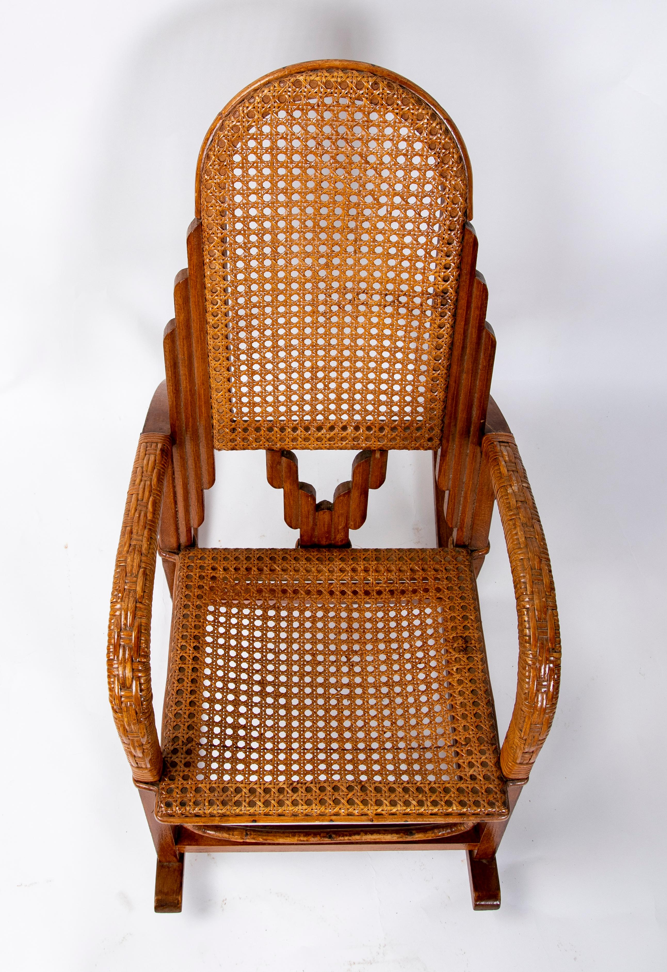 1980s Bamboo, Wood and Wicker Children's Rocking Chair For Sale 1