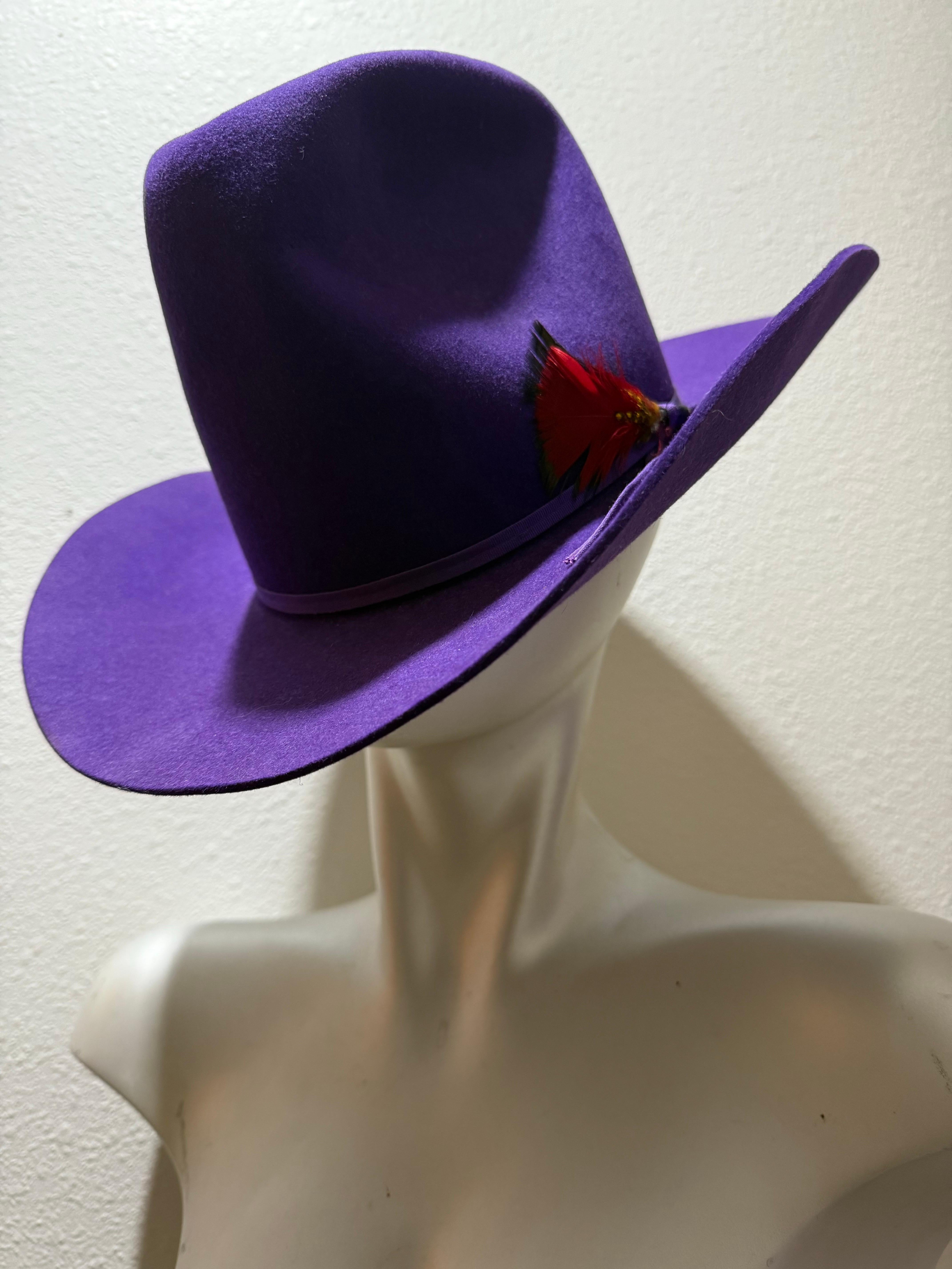 1980s Bandera Real Púrpura Fieltro de Lana Cowboy Western Hat w Corona arrugada en venta 6