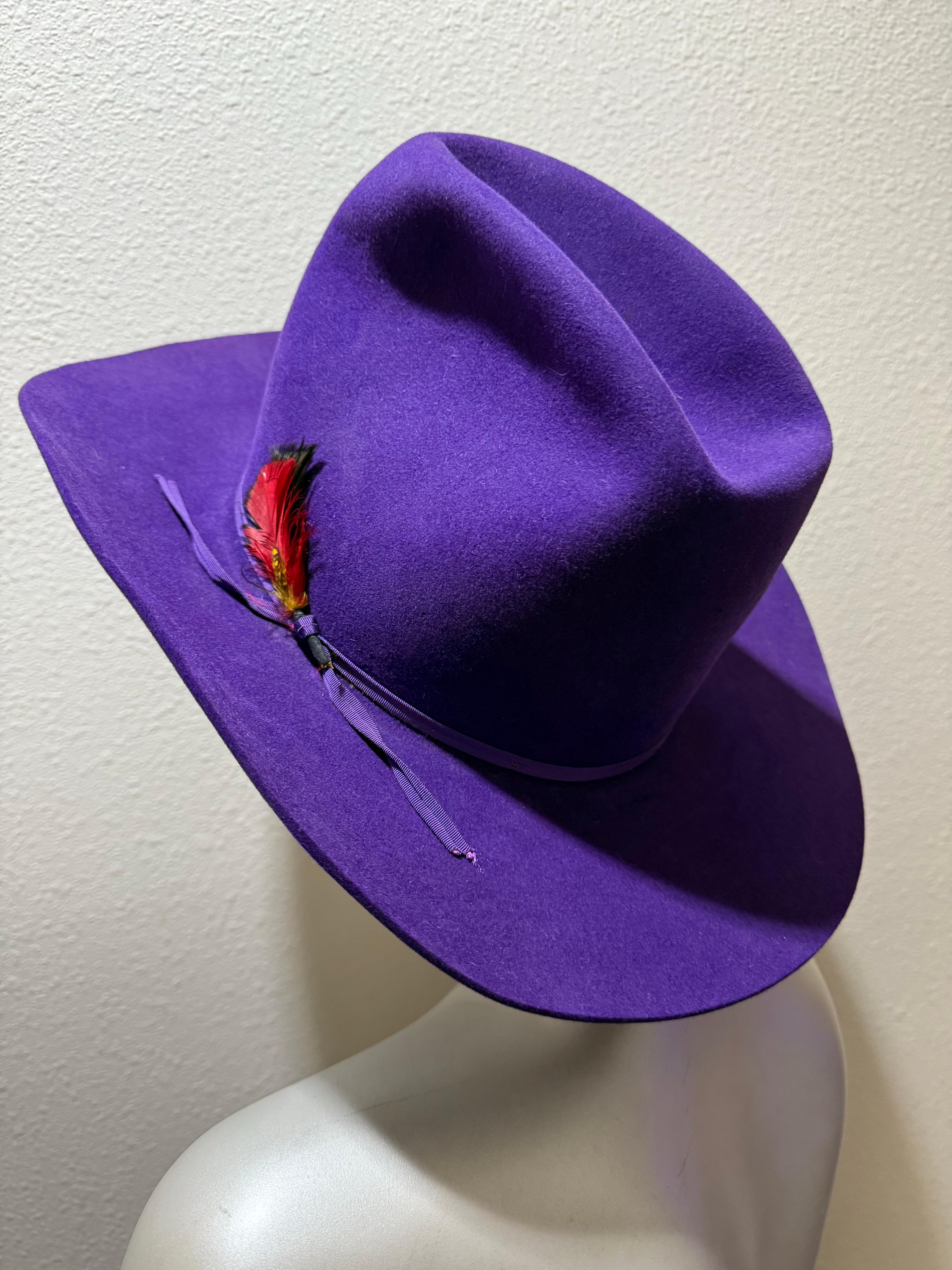 1980s Bandera Real Púrpura Fieltro de Lana Cowboy Western Hat w Corona arrugada en venta 7
