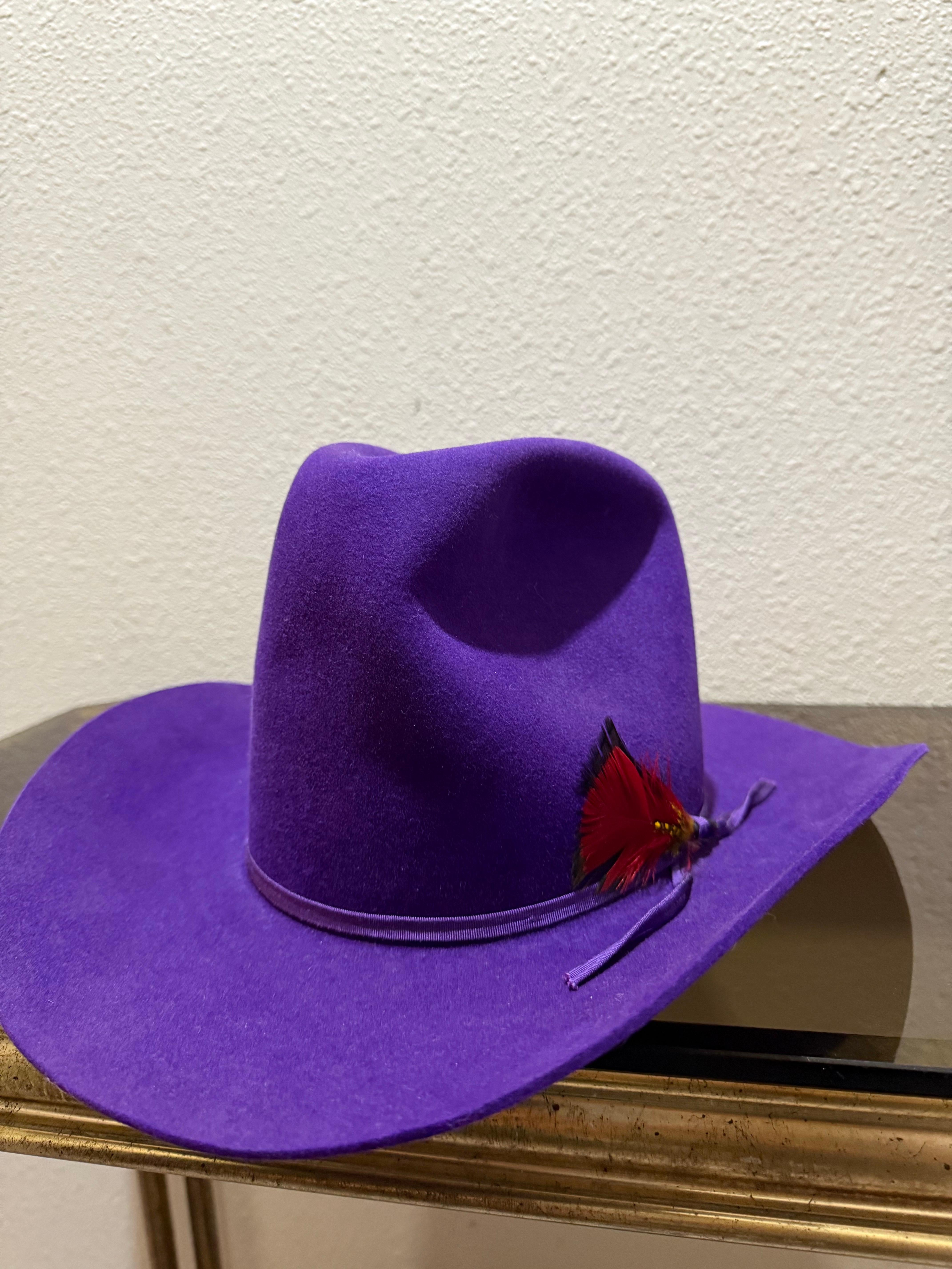 1980s Bandera Real Púrpura Fieltro de Lana Cowboy Western Hat w Corona arrugada en venta 9