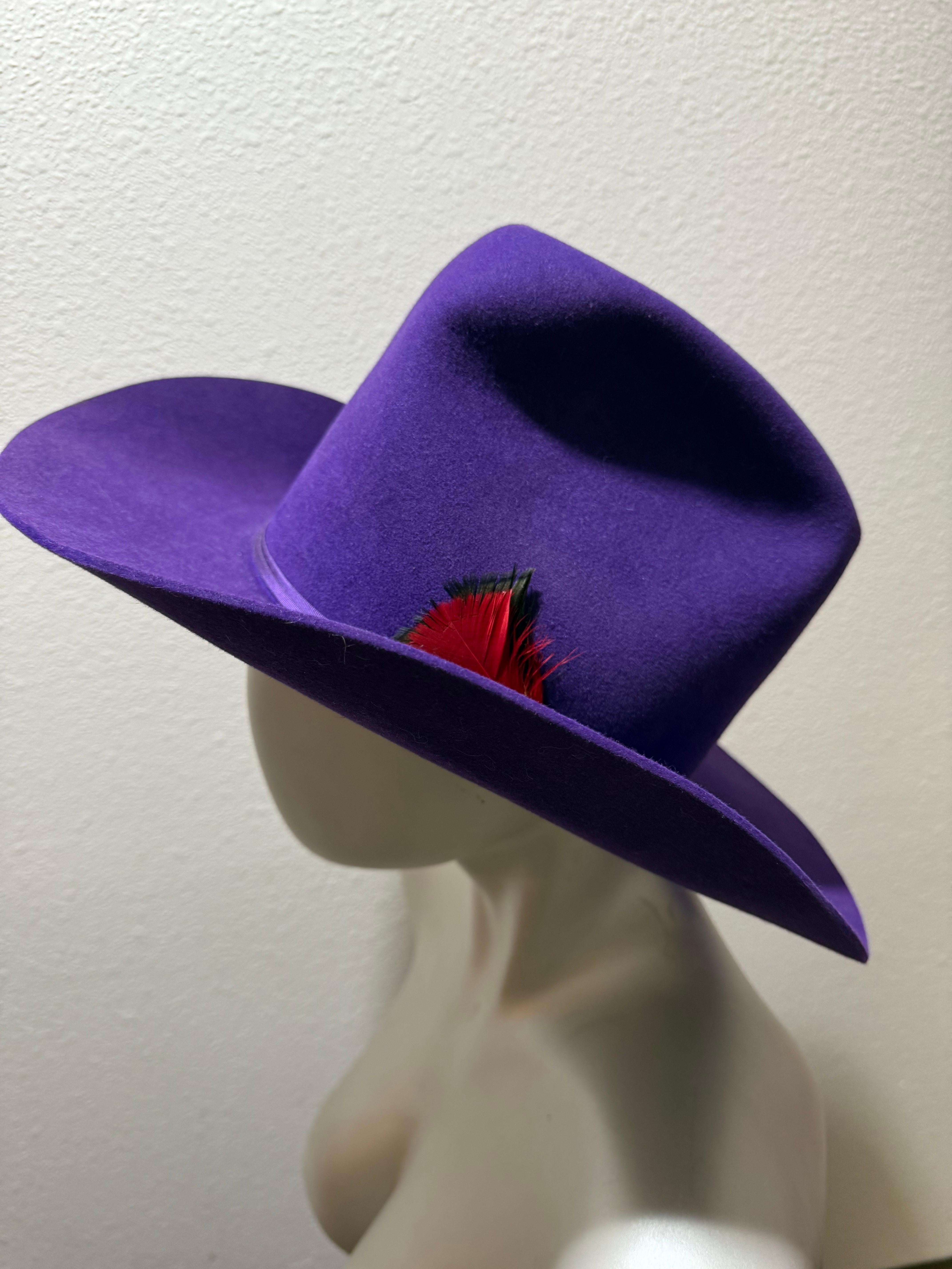1980s Bandera Real Púrpura Fieltro de Lana Cowboy Western Hat w Corona arrugada en venta 2
