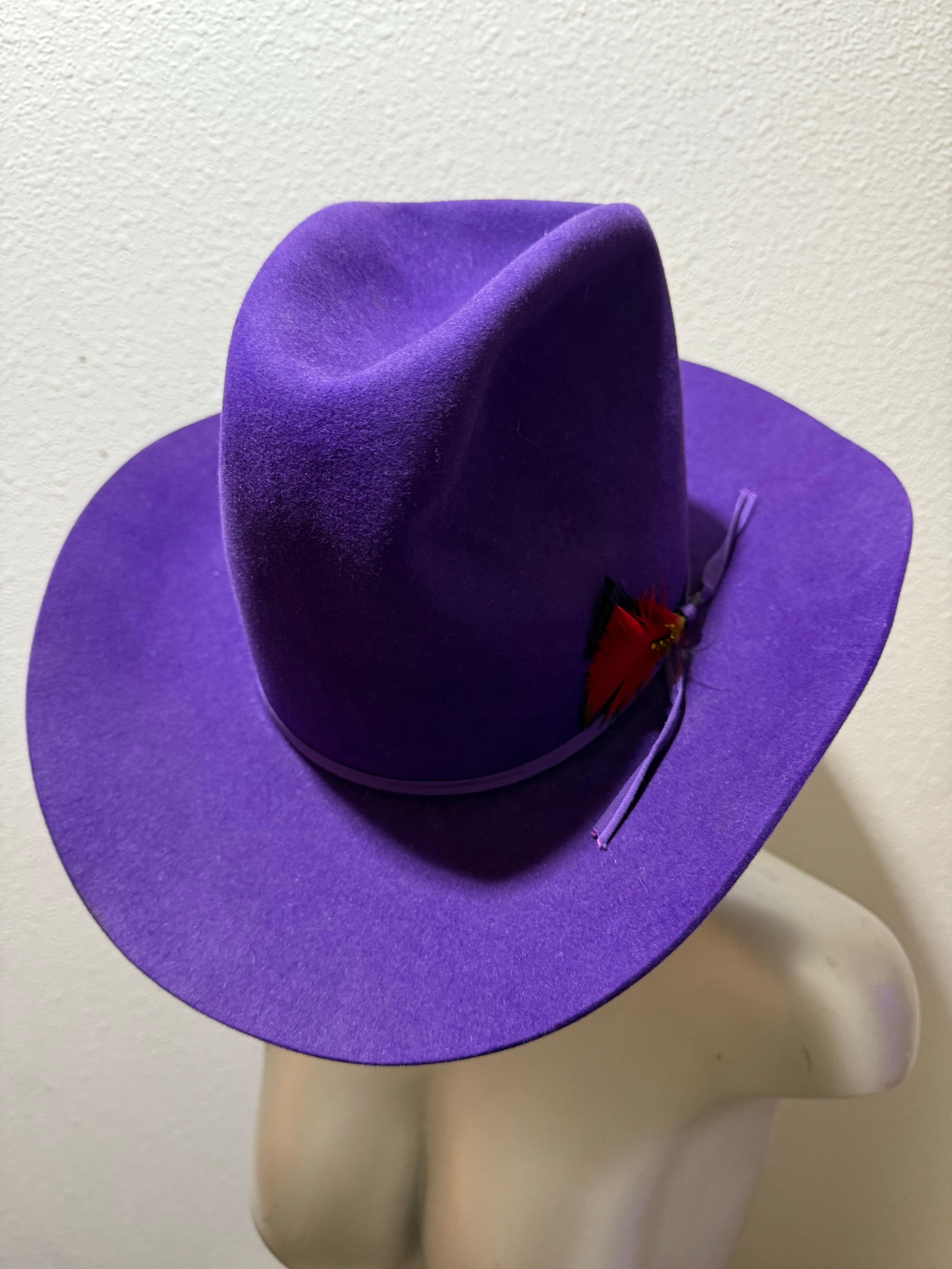 1980s Bandera Real Púrpura Fieltro de Lana Cowboy Western Hat w Corona arrugada en venta 3