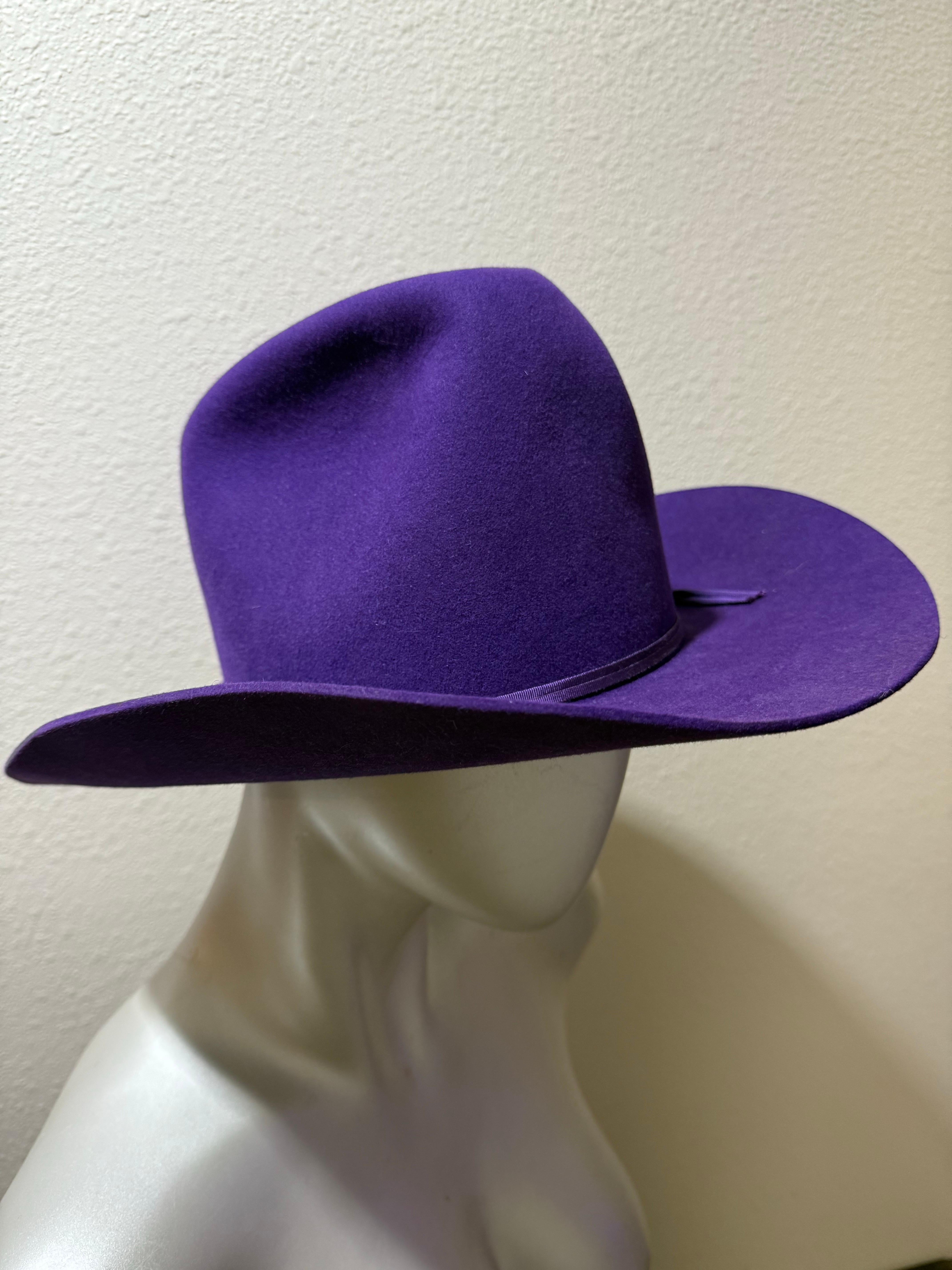 1980s Bandera Real Púrpura Fieltro de Lana Cowboy Western Hat w Corona arrugada en venta 4
