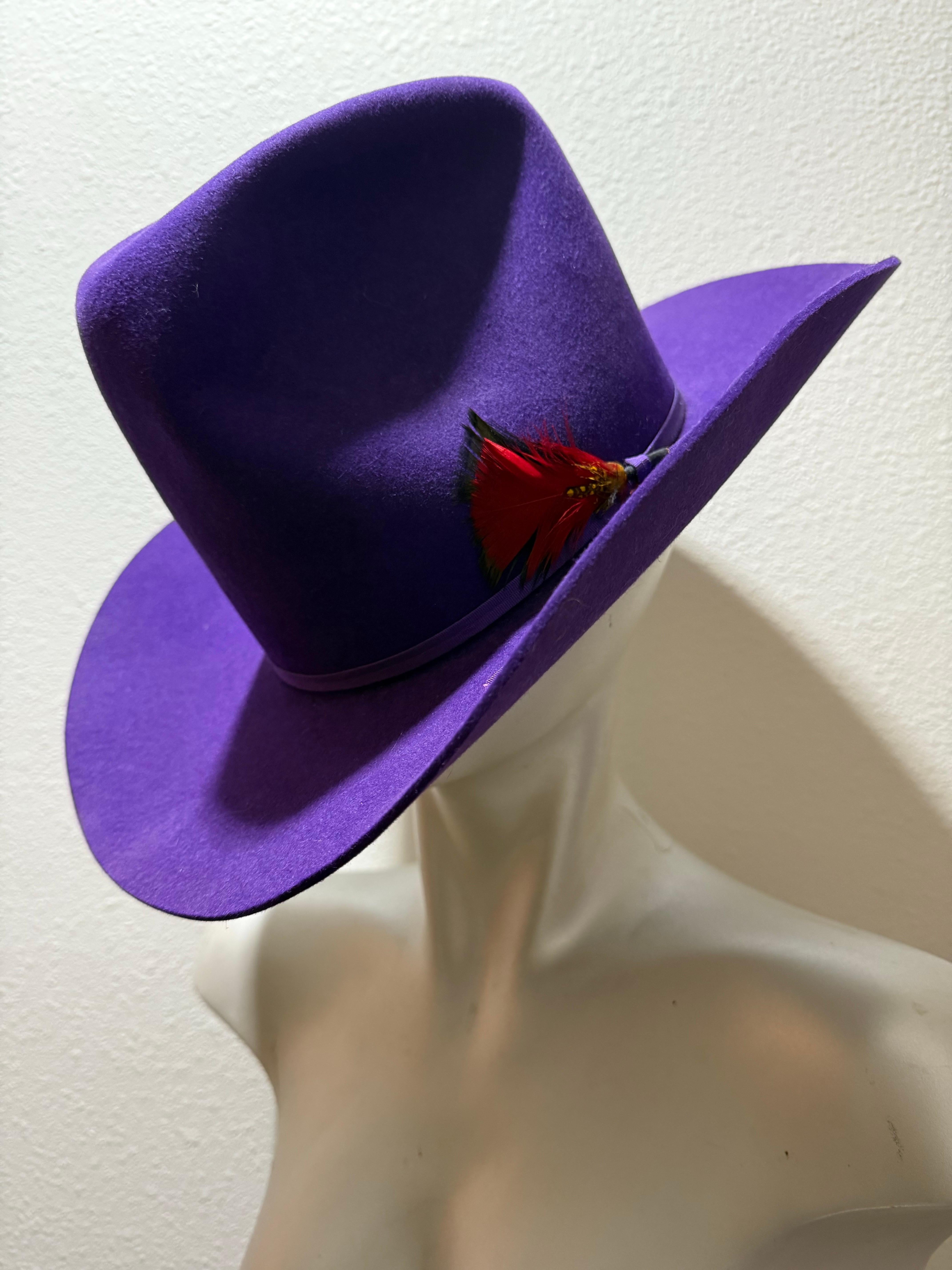 1980s Bandera Real Púrpura Fieltro de Lana Cowboy Western Hat w Corona arrugada en venta 5