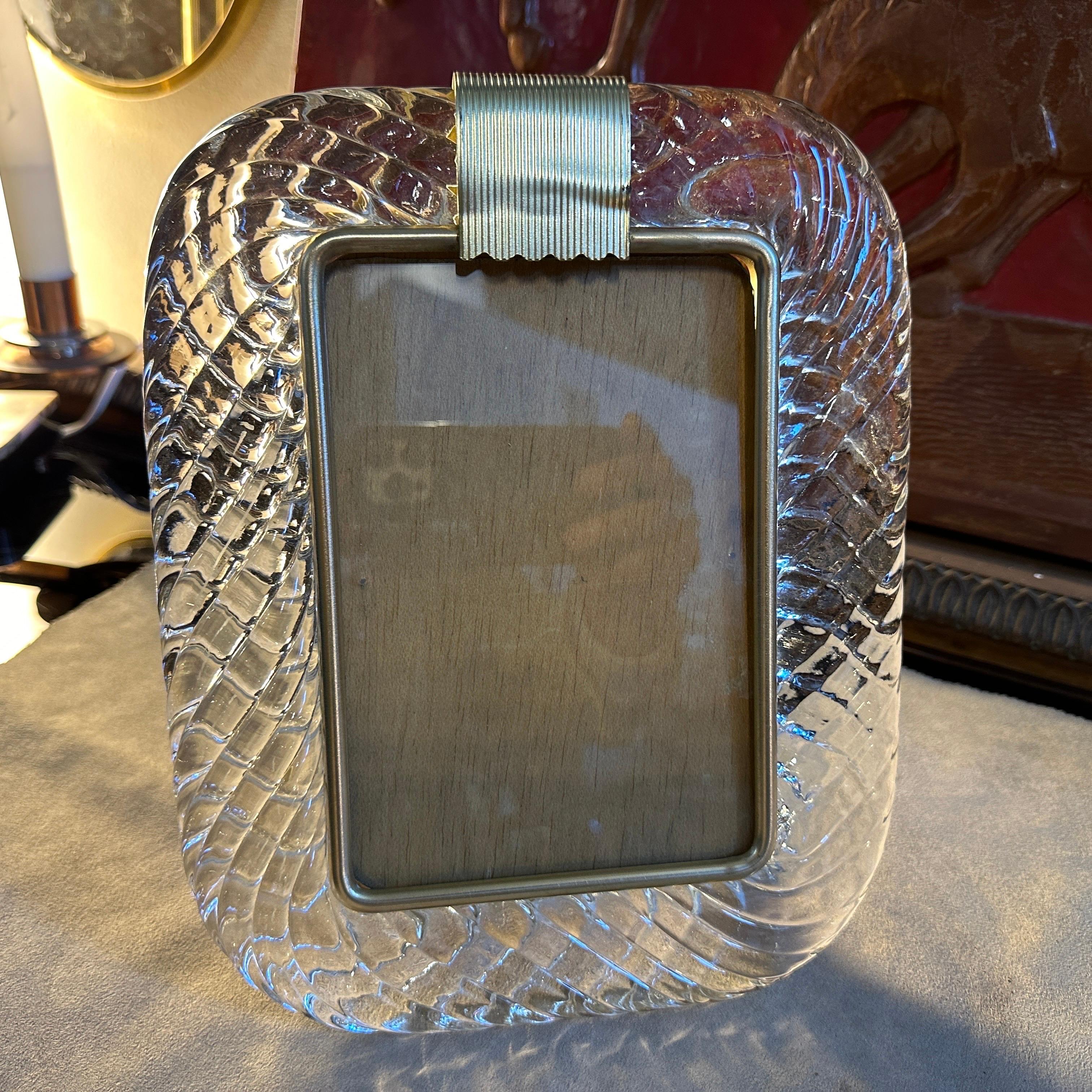 1980s Barovier style Art Deco Clear Murano Glass and Brass Picture Frame For Sale 2