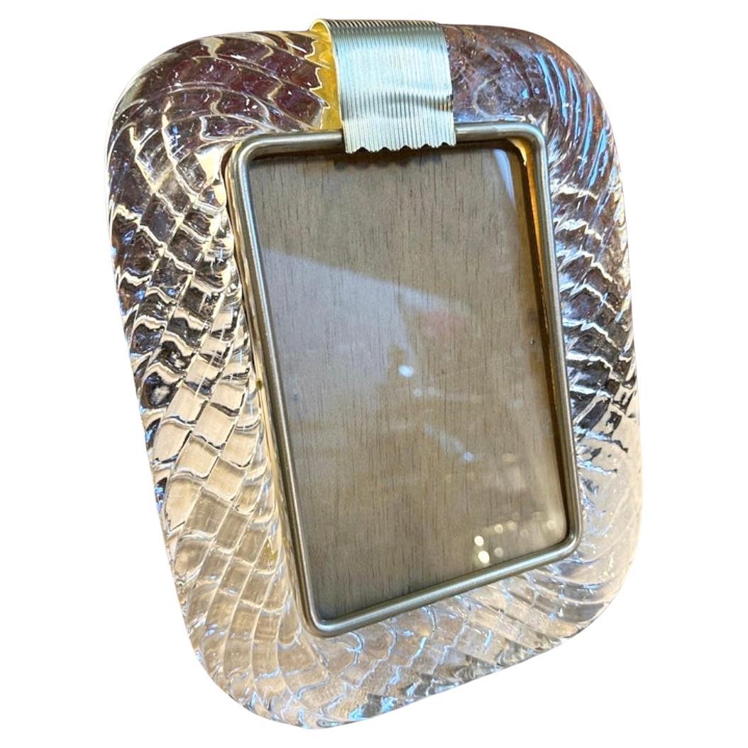 1980s Barovier style Art Deco Clear Murano Glass and Brass Picture Frame For Sale