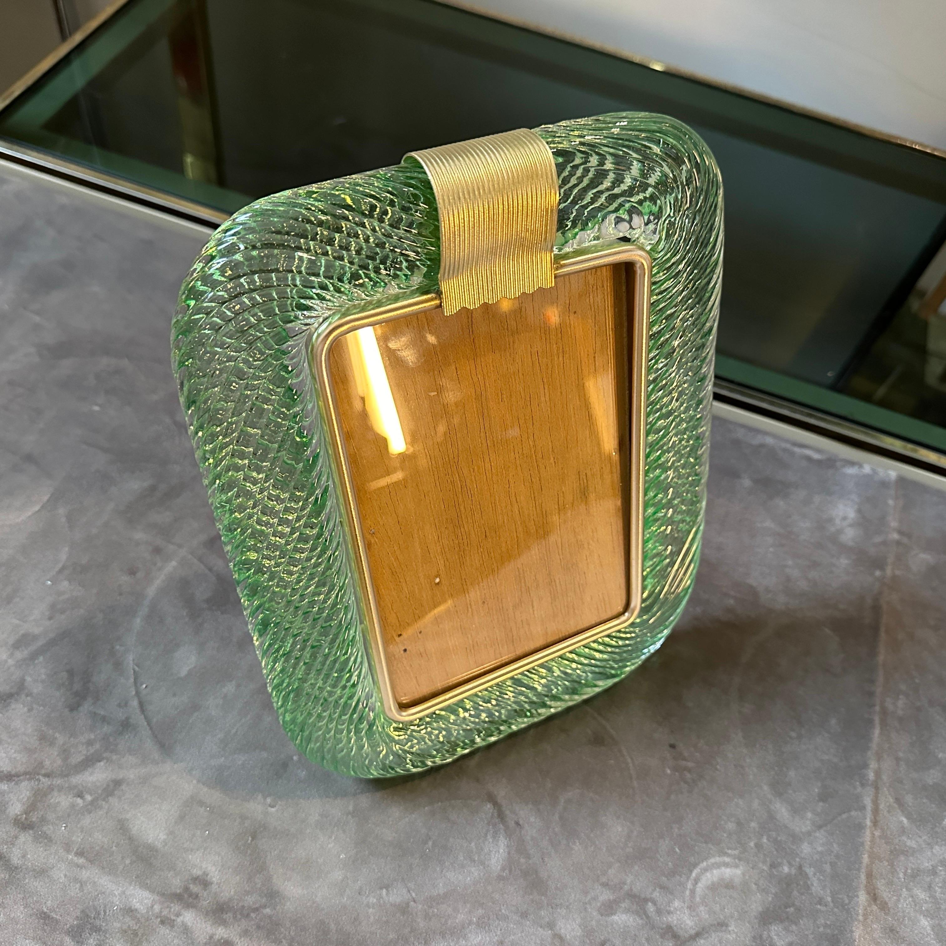1980s Barovier style Art Deco Green Murano Glass and Brass Picture Frame 4