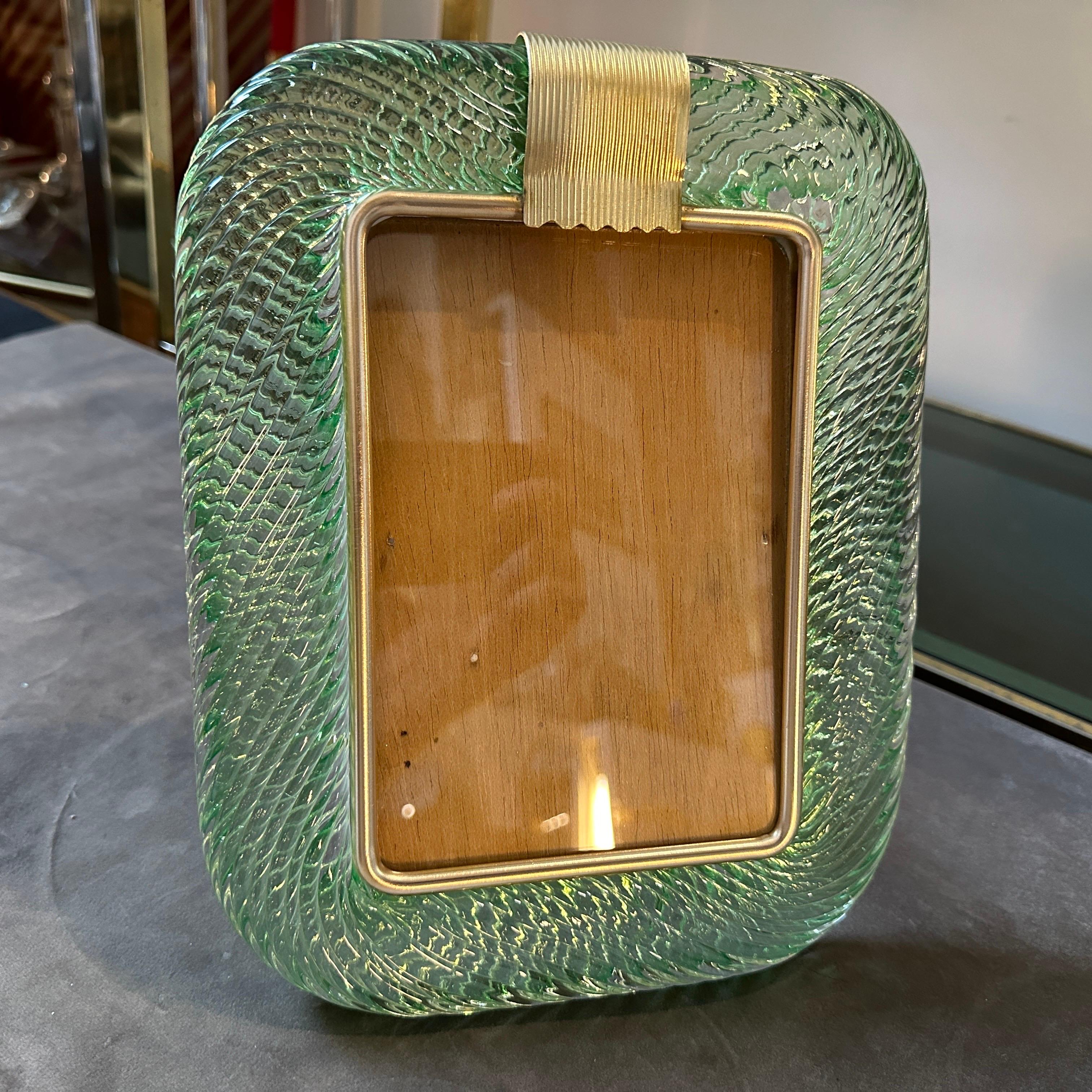 1980s Barovier style Art Deco Green Murano Glass and Brass Picture Frame 5