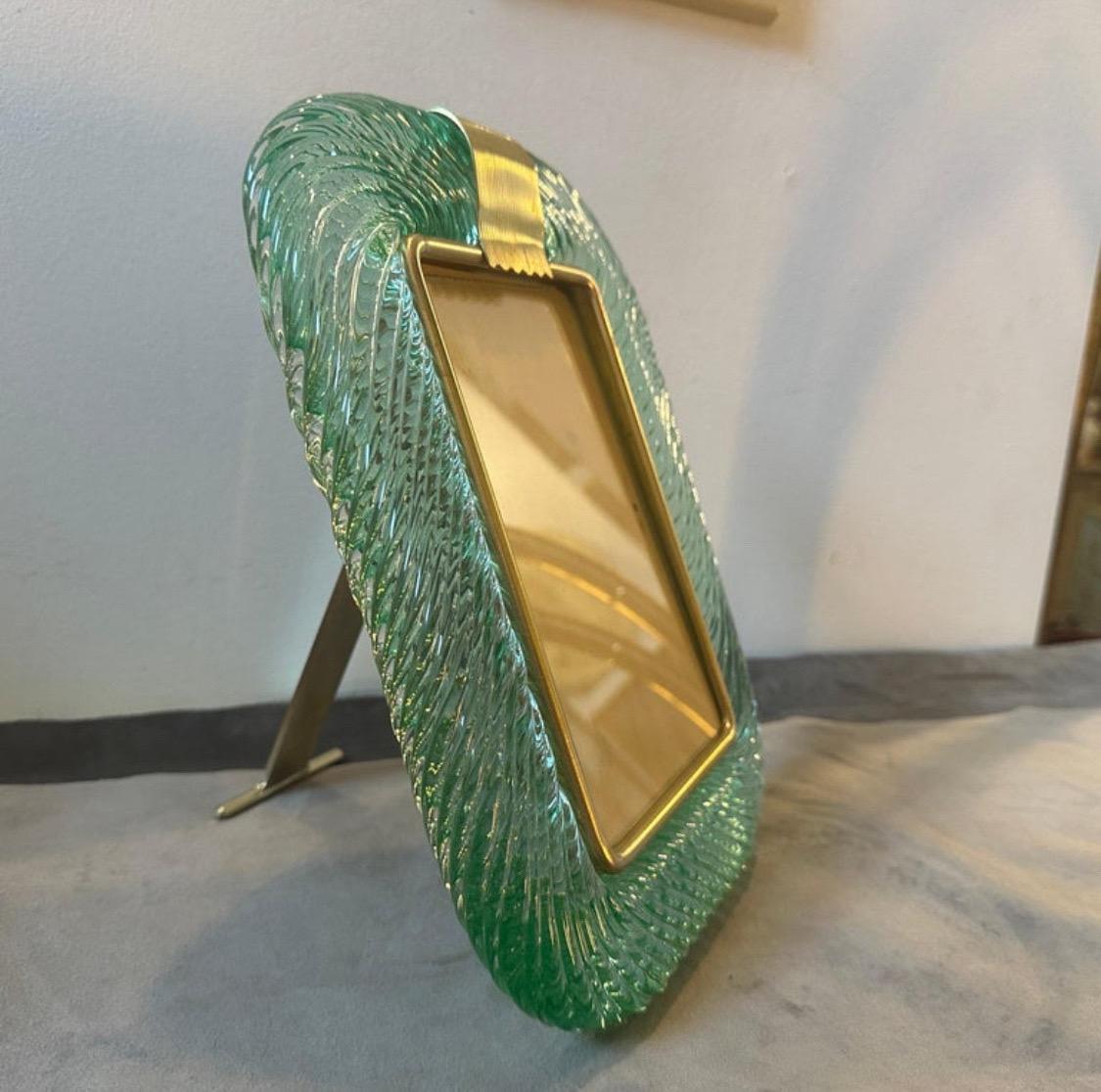 Hand-Crafted 1980s Barovier style Art Deco Green Murano Glass and Brass Picture Frame