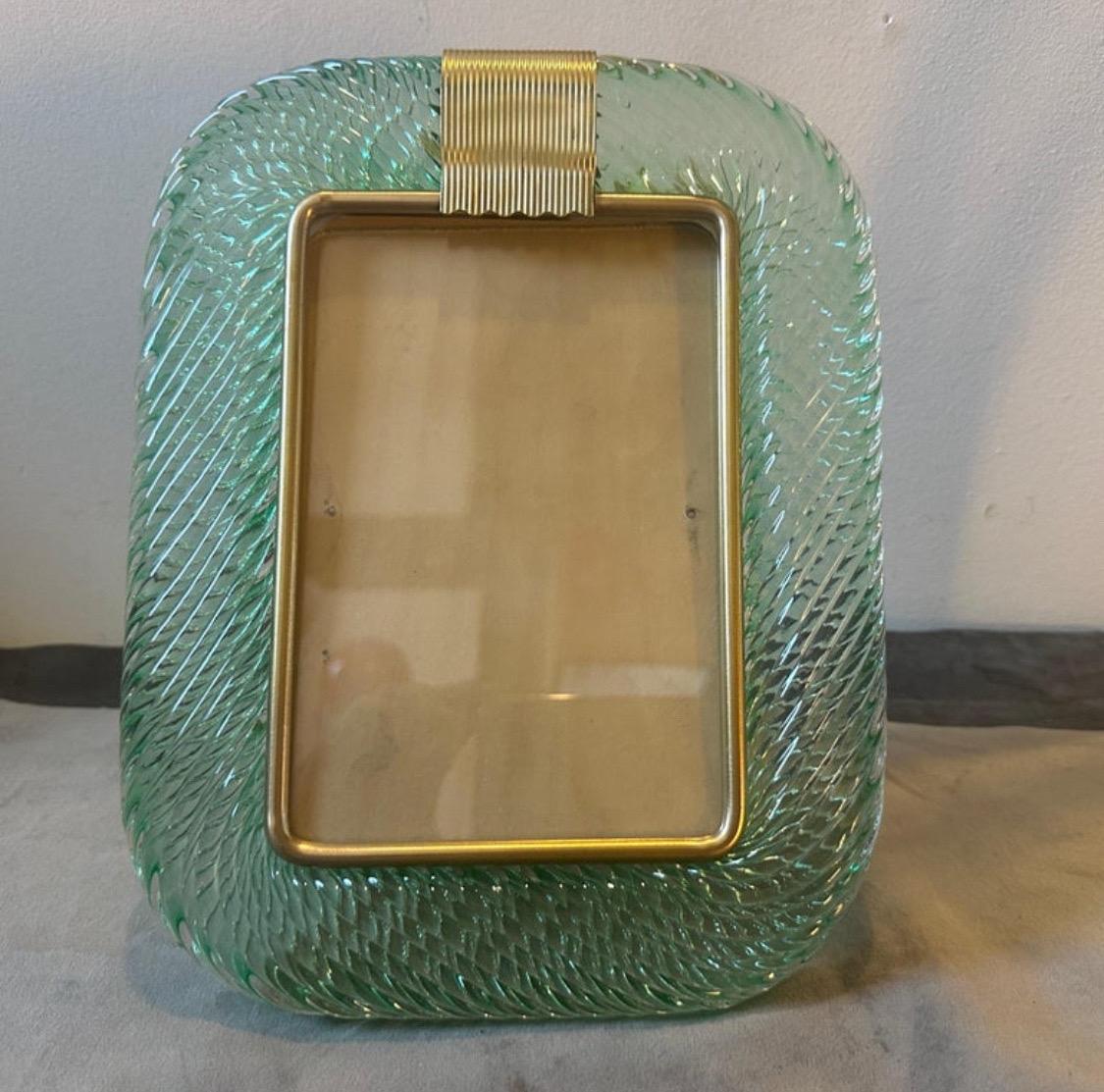20th Century 1980s Barovier style Art Deco Green Murano Glass and Brass Picture Frame