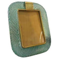 1980s Barovier style Art Deco Green Murano Glass and Brass Picture Frame