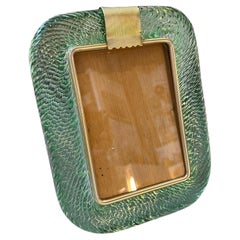 Vintage 1980s Barovier style Art Deco Green Murano Glass and Brass Picture Frame