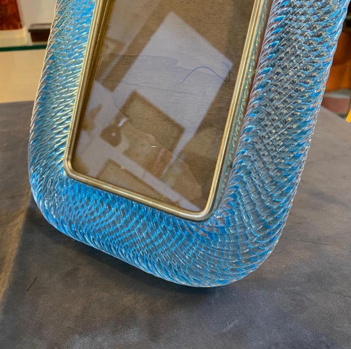 1980s Barovier Style Light Blue Murano Glass and Brass Rectangular Picture Frame In Good Condition For Sale In Aci Castello, IT