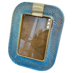 1980s Barovier Style Light Blue Murano Glass and Brass Rectangular Picture Frame