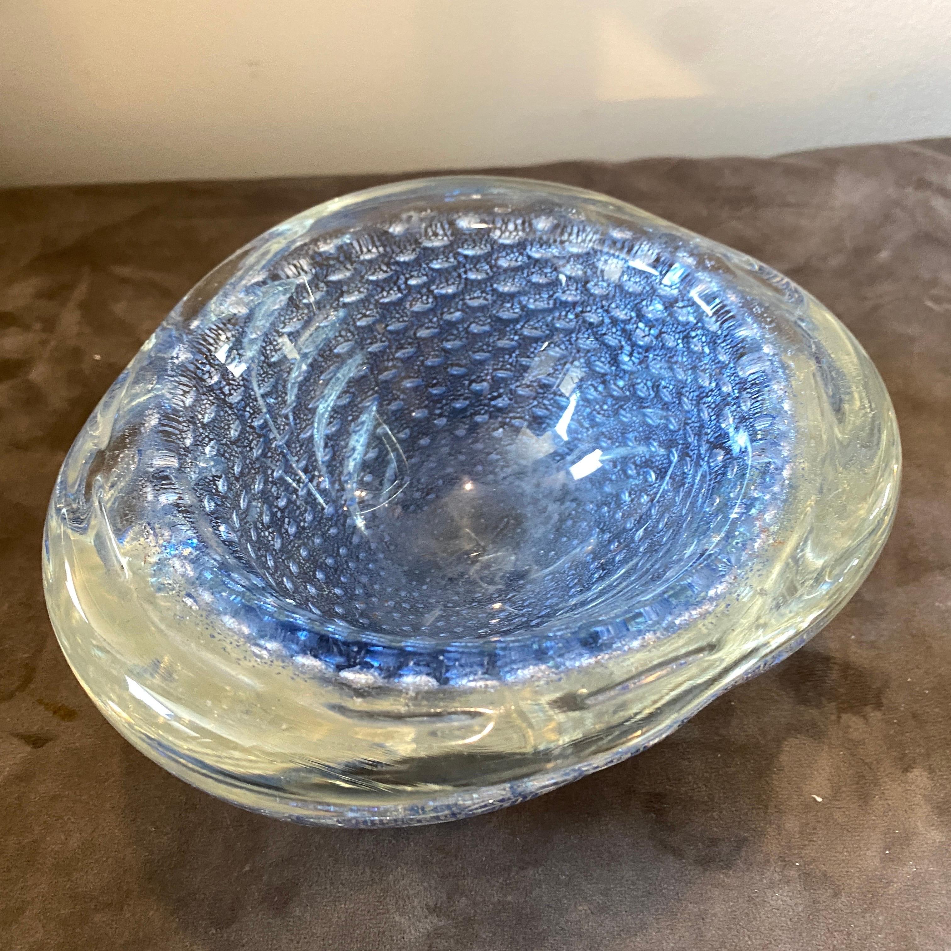 1980s Barovier Style Mid-Century Modern Blue and Silver Murano Glass Bowl 4