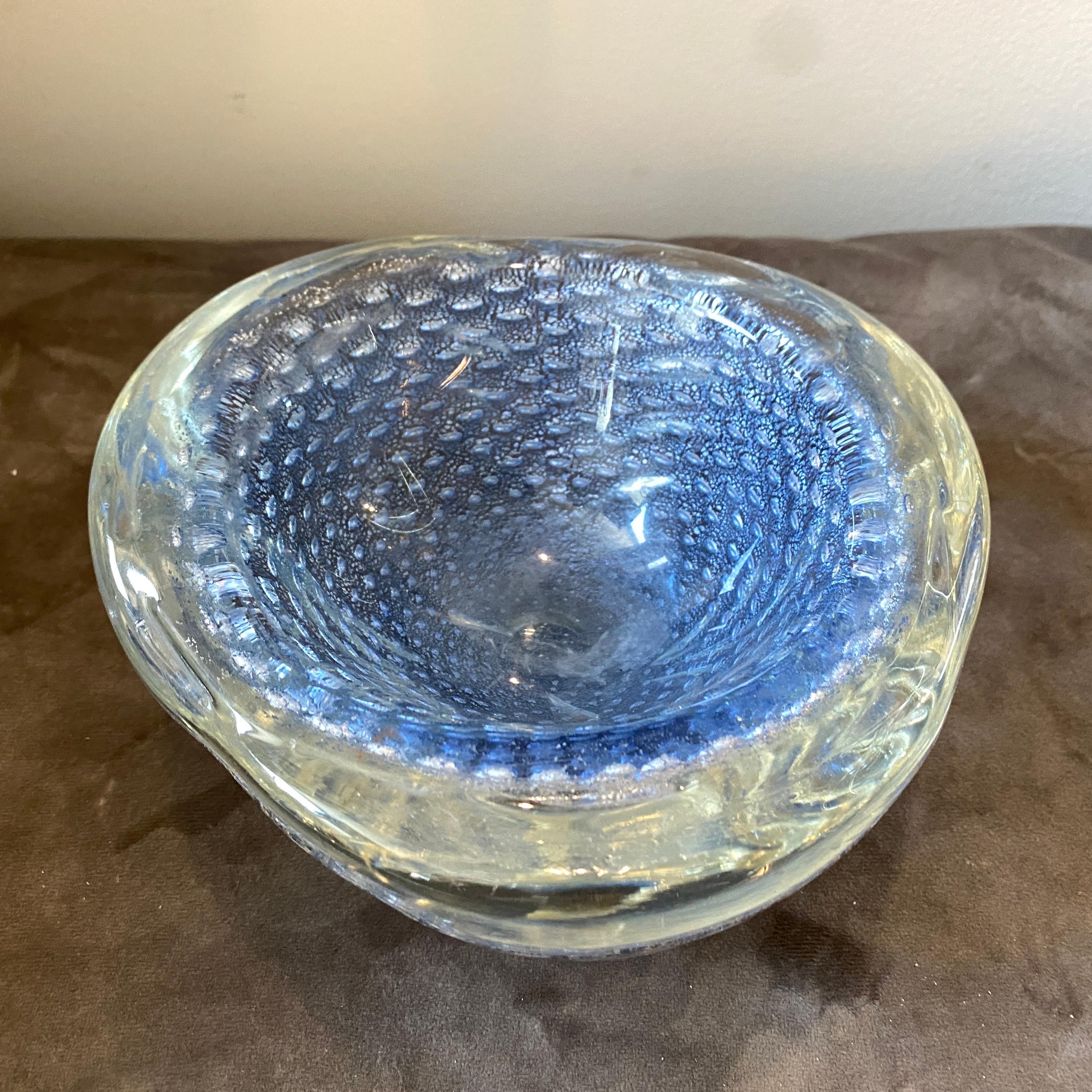Italian 1980s Barovier Style Mid-Century Modern Blue and Silver Murano Glass Bowl