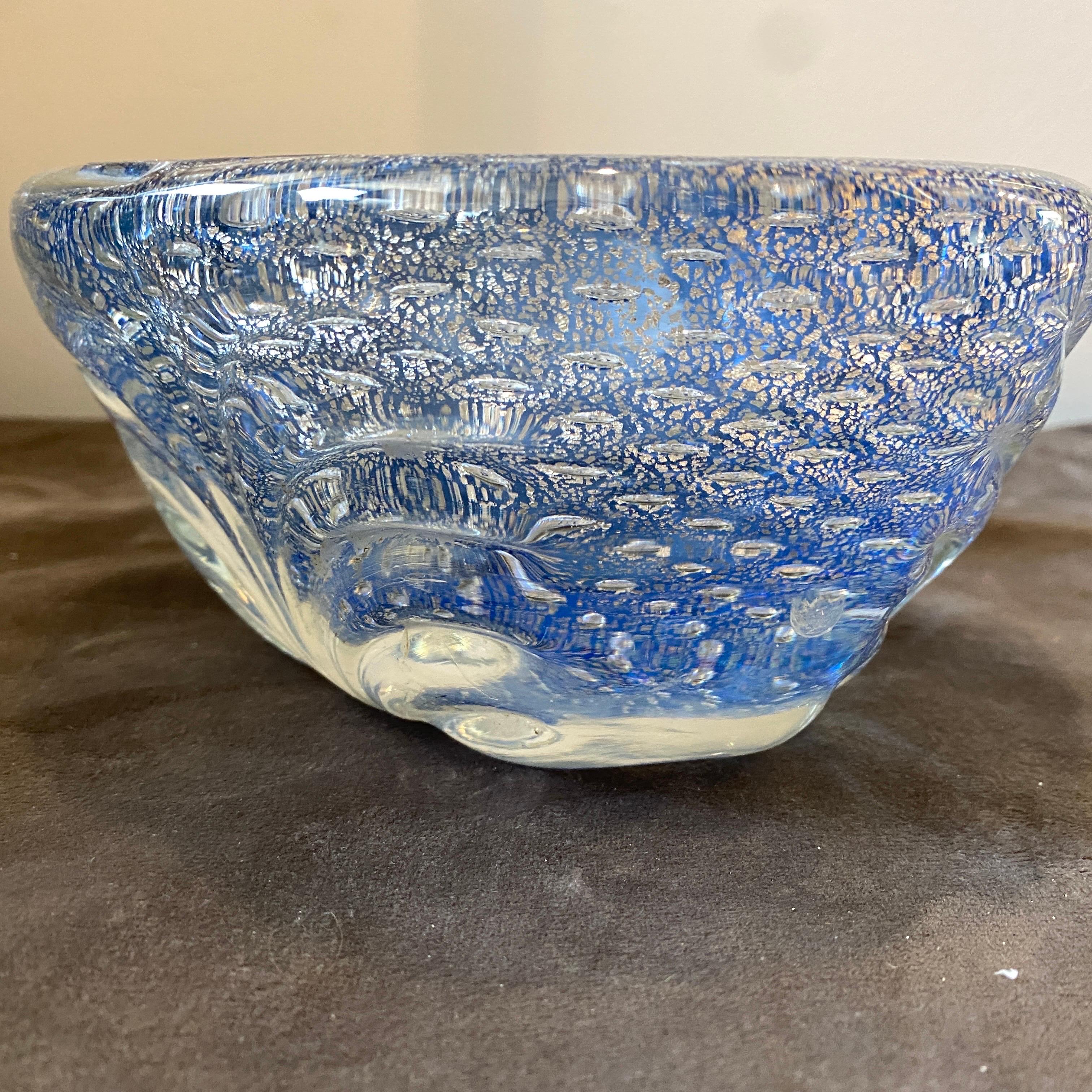 Hand-Crafted 1980s Barovier Style Mid-Century Modern Blue and Silver Murano Glass Bowl