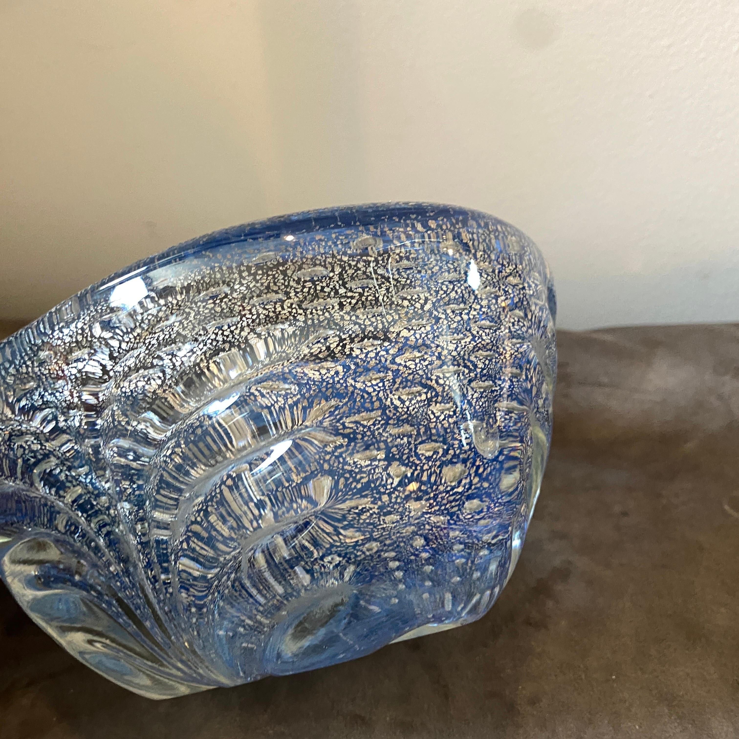 1980s Barovier Style Mid-Century Modern Blue and Silver Murano Glass Bowl 1