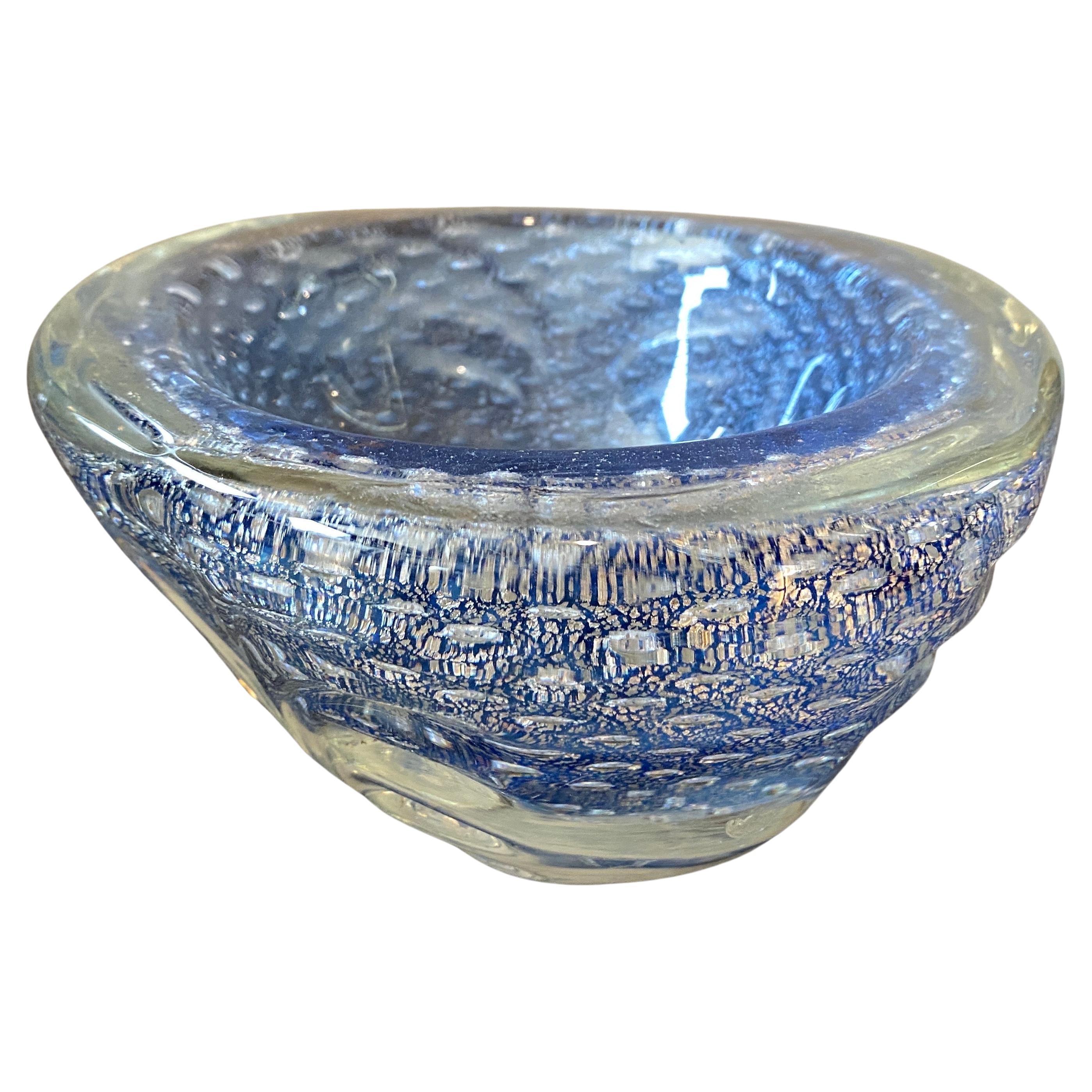 1980s Barovier Style Mid-Century Modern Blue and Silver Murano Glass Bowl