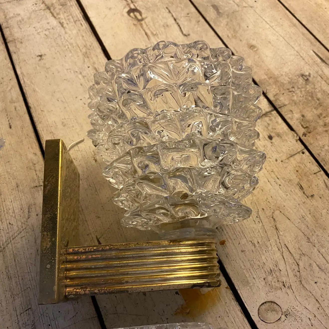 Two 1980 Barovier Style Mid-Century Modern Brass and Rostrato Glass Wall Sconces 5