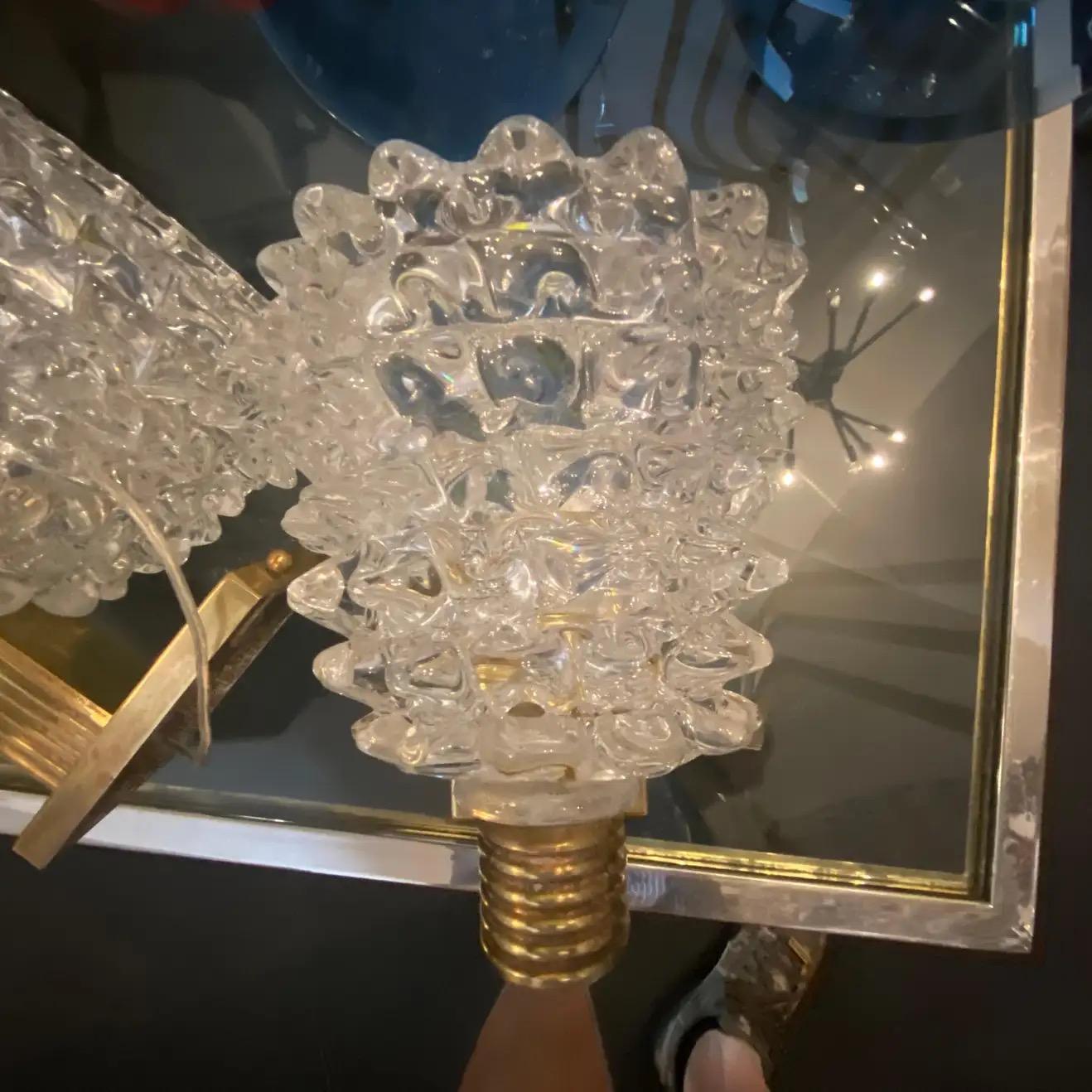 Hand-Crafted Two 1980 Barovier Style Mid-Century Modern Brass and Rostrato Glass Wall Sconces