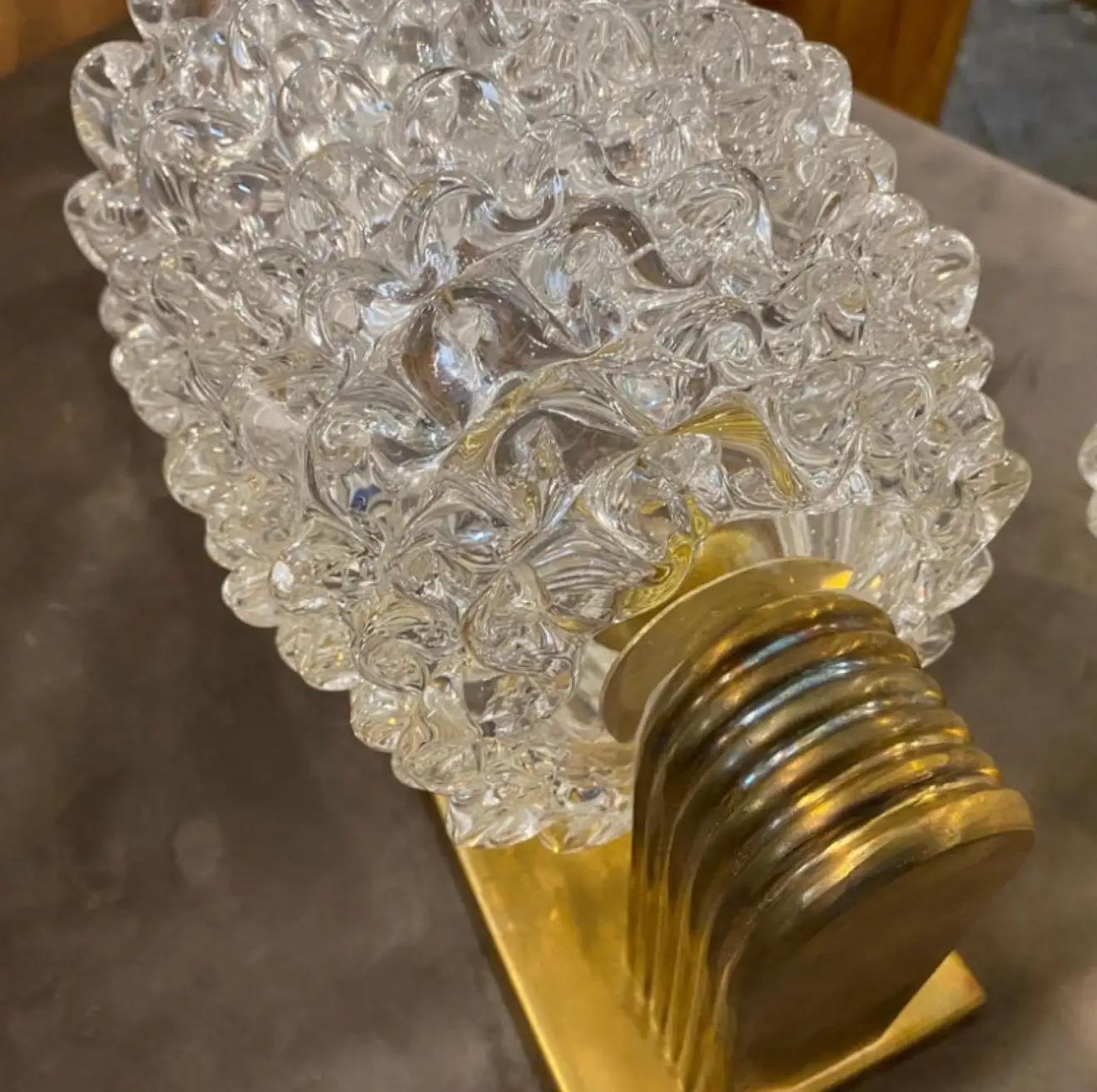 Two 1980 Barovier Style Mid-Century Modern Brass and Rostrato Glass Wall Sconces 2