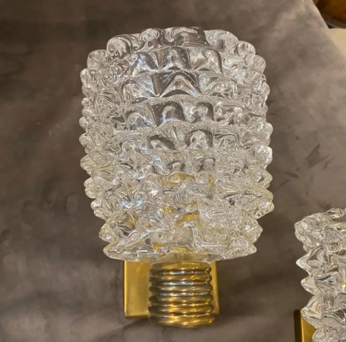 Two 1980 Barovier Style Mid-Century Modern Brass and Rostrato Glass Wall Sconces 3