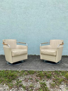1980s Barrel Steel Wood Leather Giorgetti Swivel Chairs, Set of 2