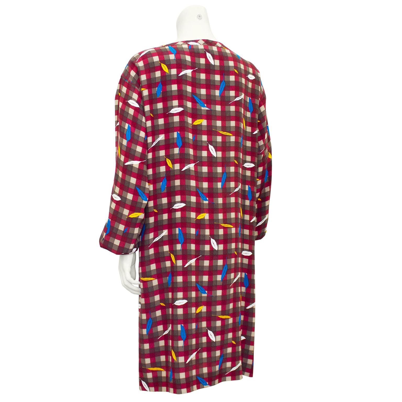 Brown 1980’s Basile Check and Feather Print Silk Dress For Sale