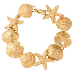 1980's Beach Motif Lily Pad, Starfish and Shell Gold Flexible Link Bracelet