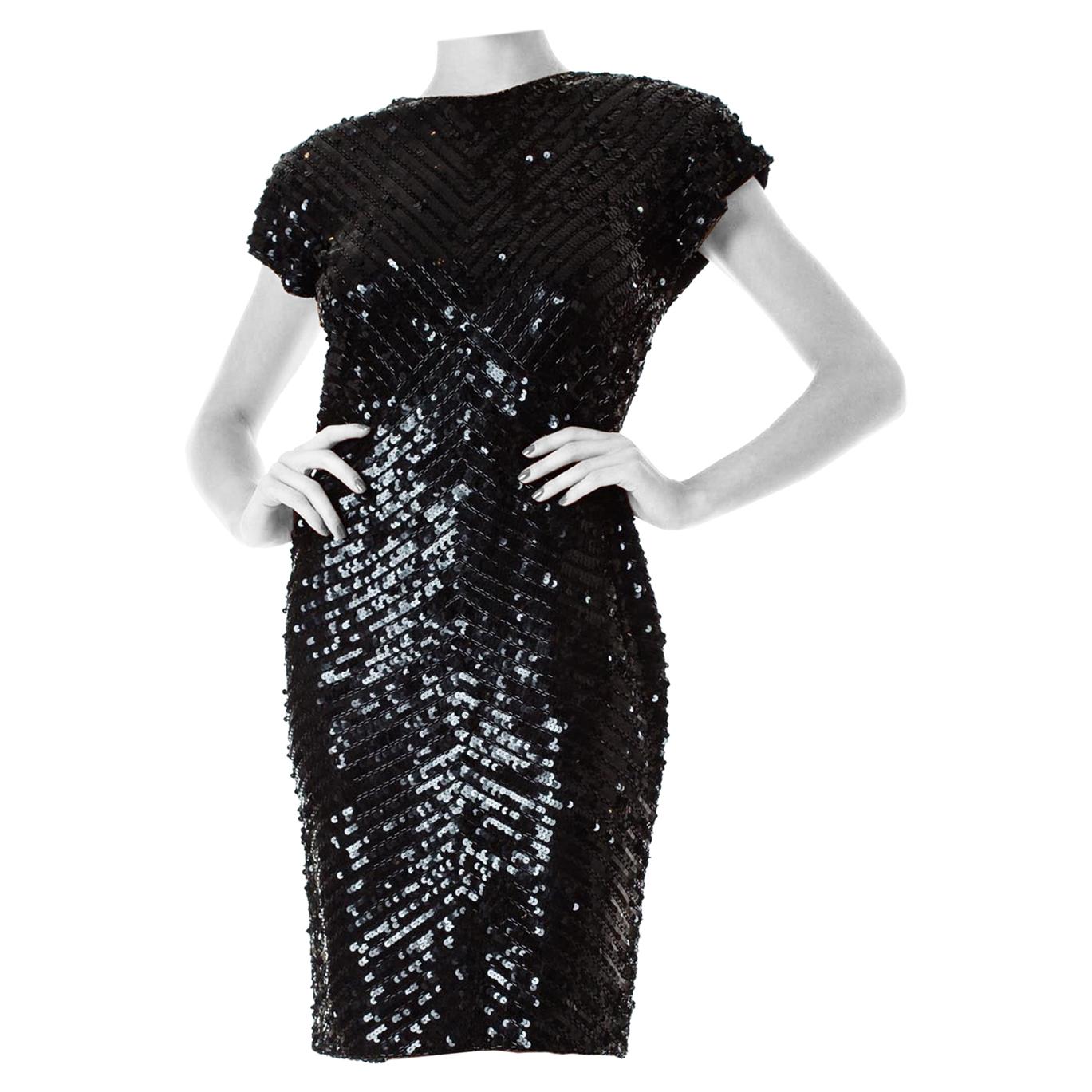 1980S Black Beaded Polyester Jersey Body-Con Cocktail Dress