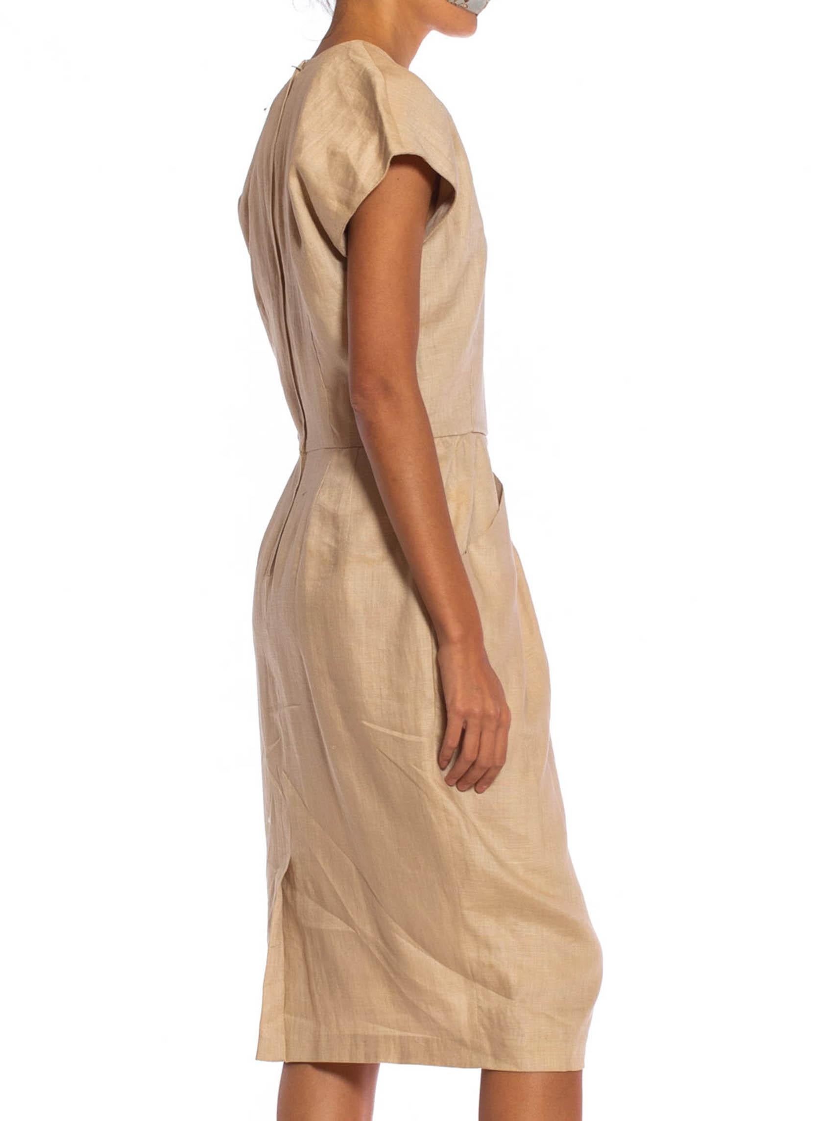 1980er Beiges Kleid aus Leinenmischung mit Viskose gefüttert im Zustand „Gut“ im Angebot in New York, NY