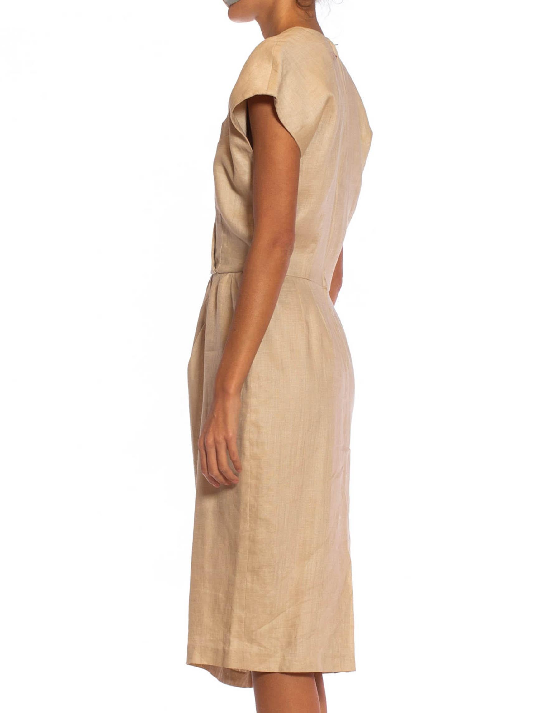 1980er Beiges Kleid aus Leinenmischung mit Viskose gefüttert Damen im Angebot