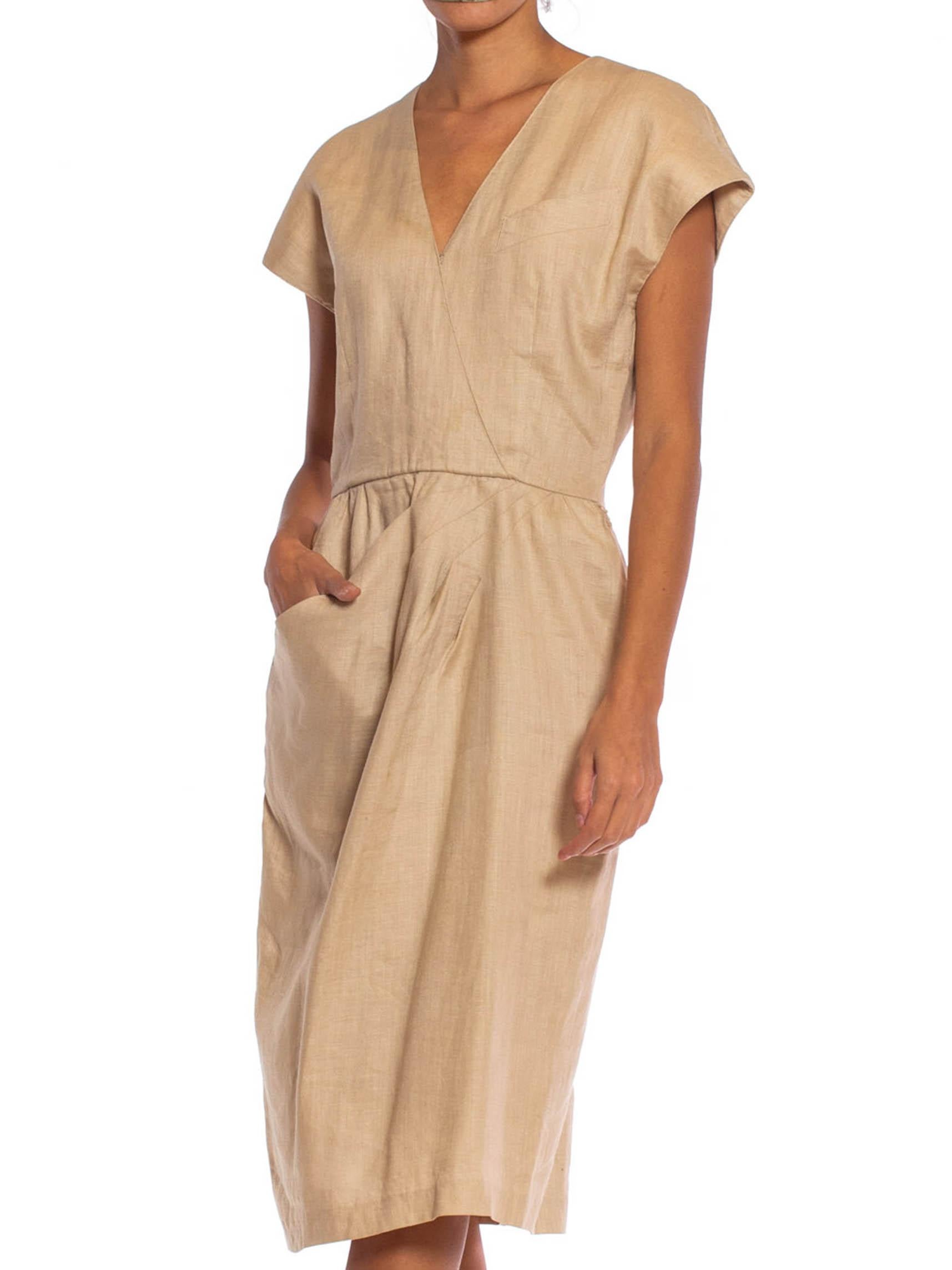1980S Beige Linen Blend Dress Lined In Rayon For Sale 1