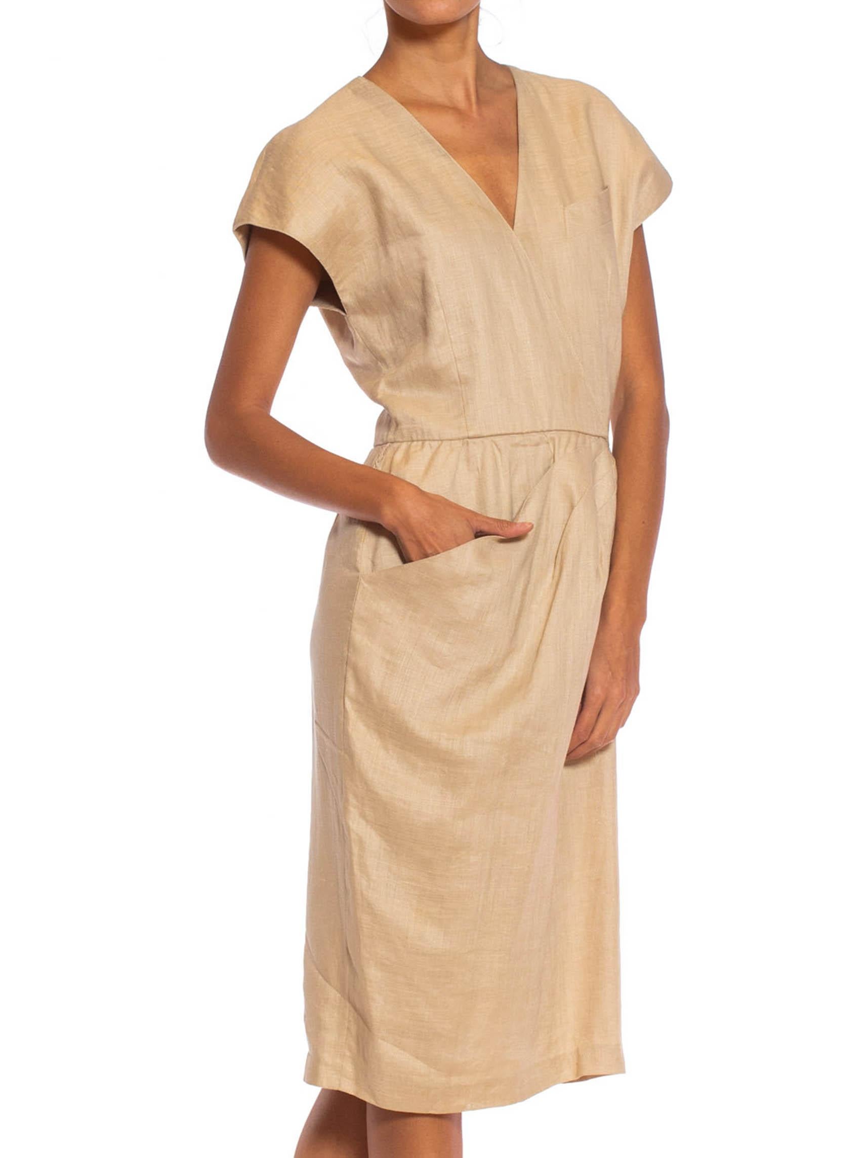 1980S Beige Linen Blend Dress Lined In Rayon For Sale 2