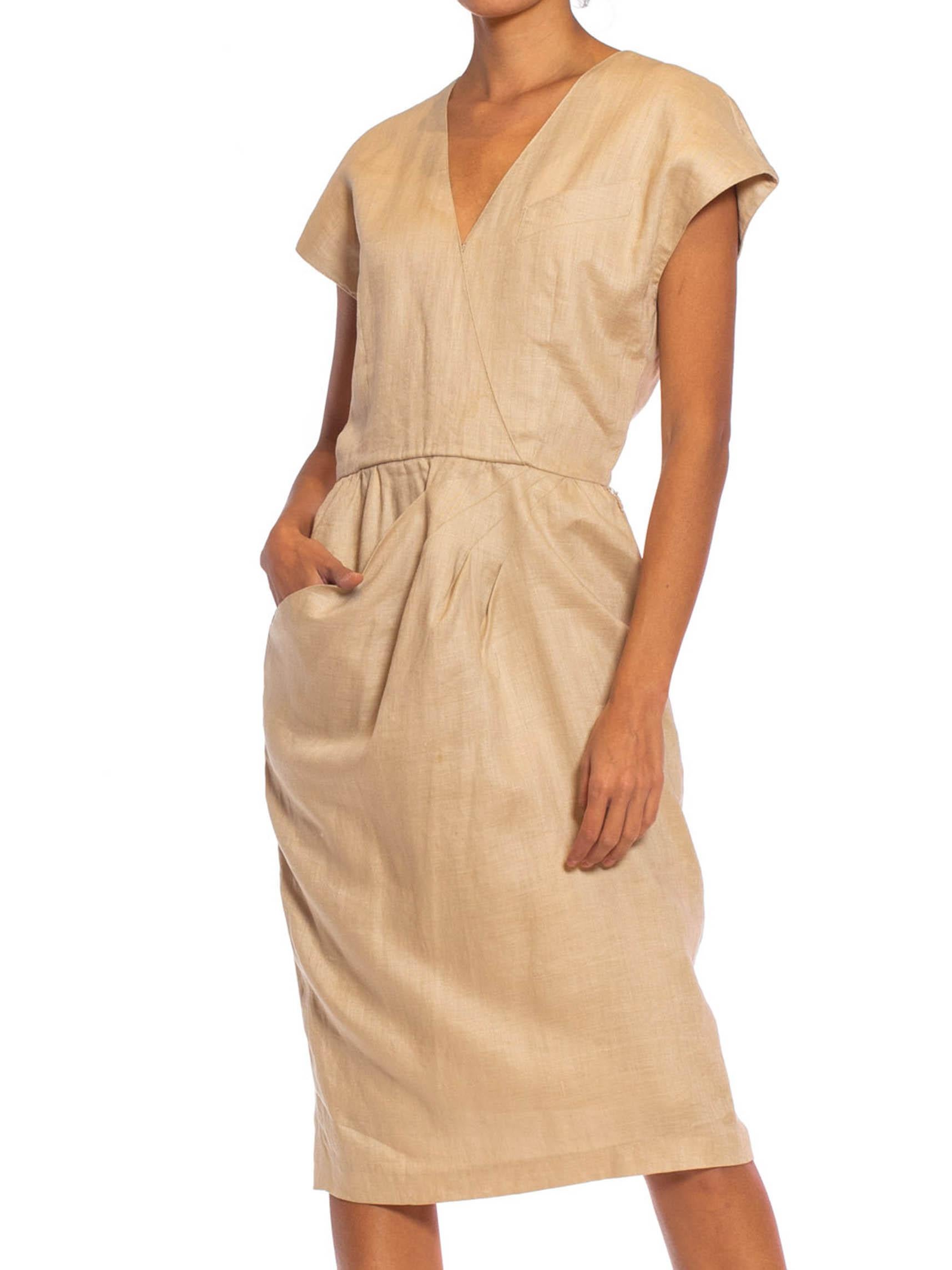 1980S Beige Linen Blend Dress Lined In Rayon For Sale 3