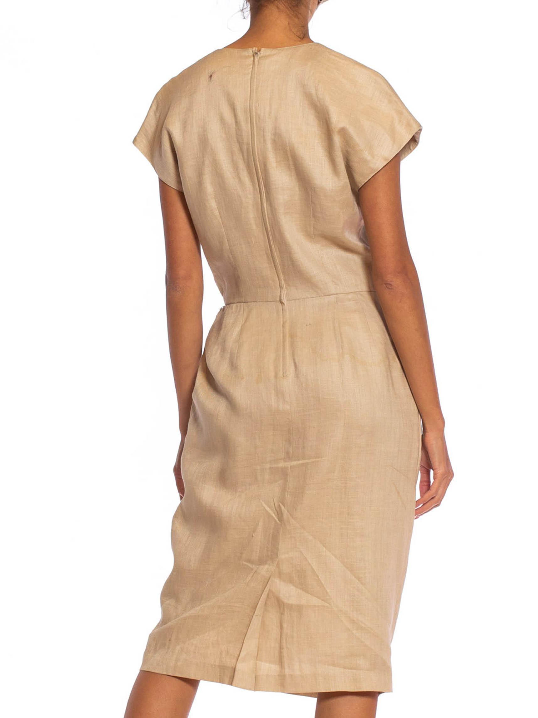 1980S Beige Linen Blend Dress Lined In Rayon For Sale 4