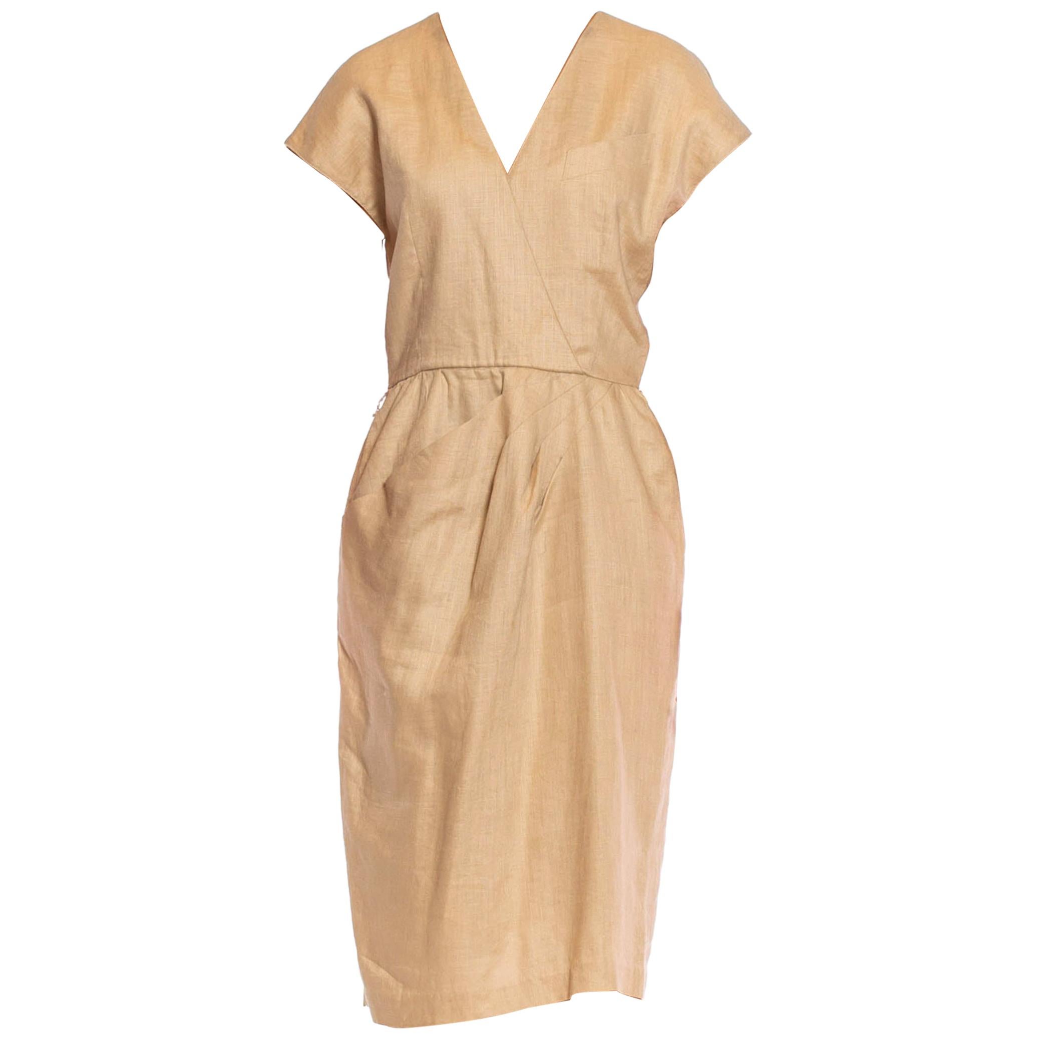1980S Beige Linen Blend Dress Lined In Rayon