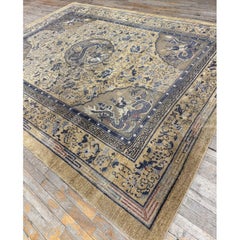 1980s Beige Traditional Vintage Medallion Dragon Chinese Knotted Silk Carpet Rug