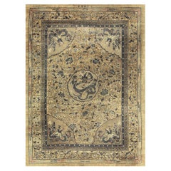 1980s Beige Traditional Vintage Medallion Dragon Chinese Knotted Silk Carpet Rug