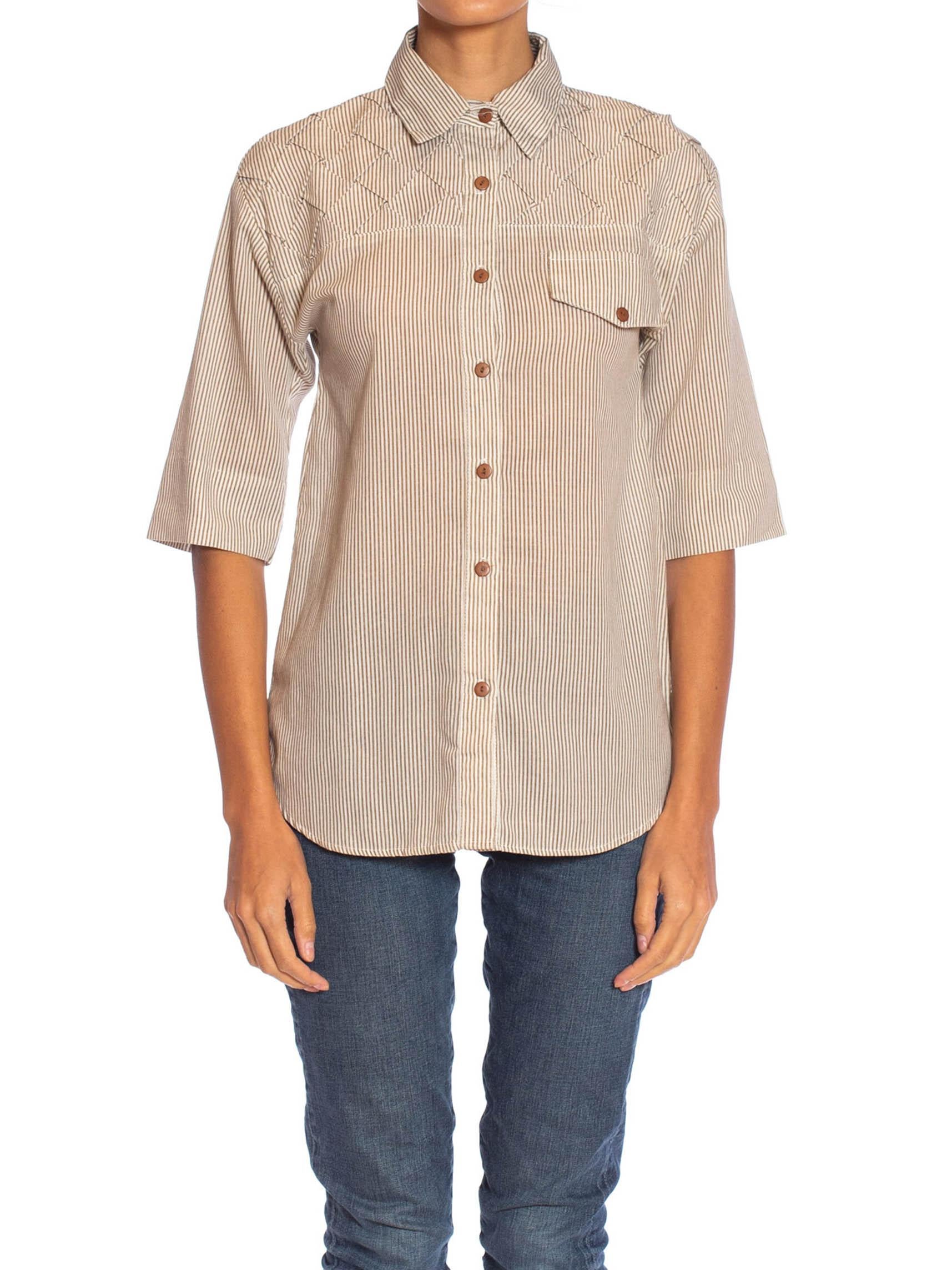 1980S Beige & White Cotton Blend Shirt With Cool Pleated Shoulders In Excellent Condition In New York, NY