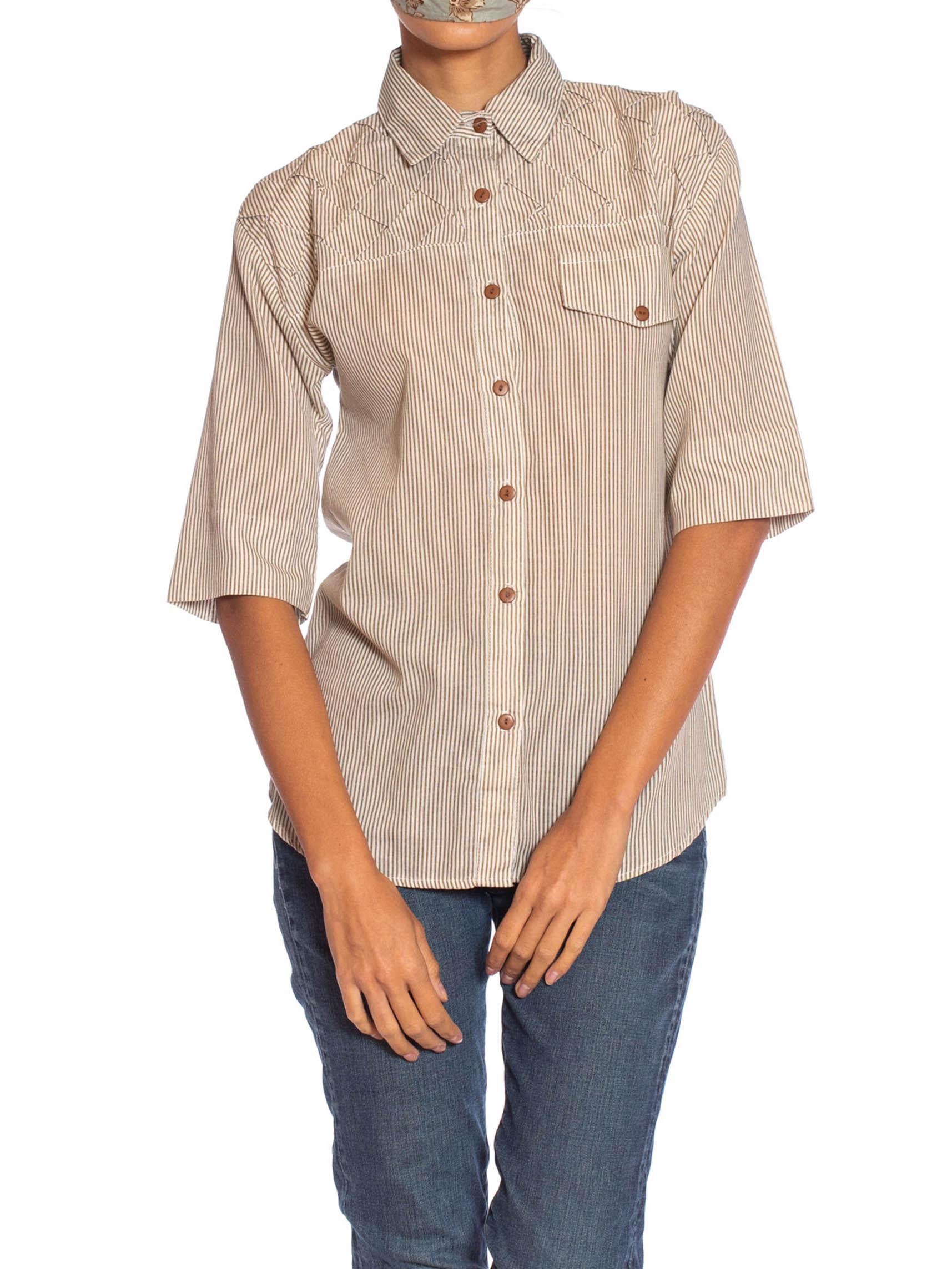1980S Beige & White Cotton Blend Shirt With Cool Pleated Shoulders 2