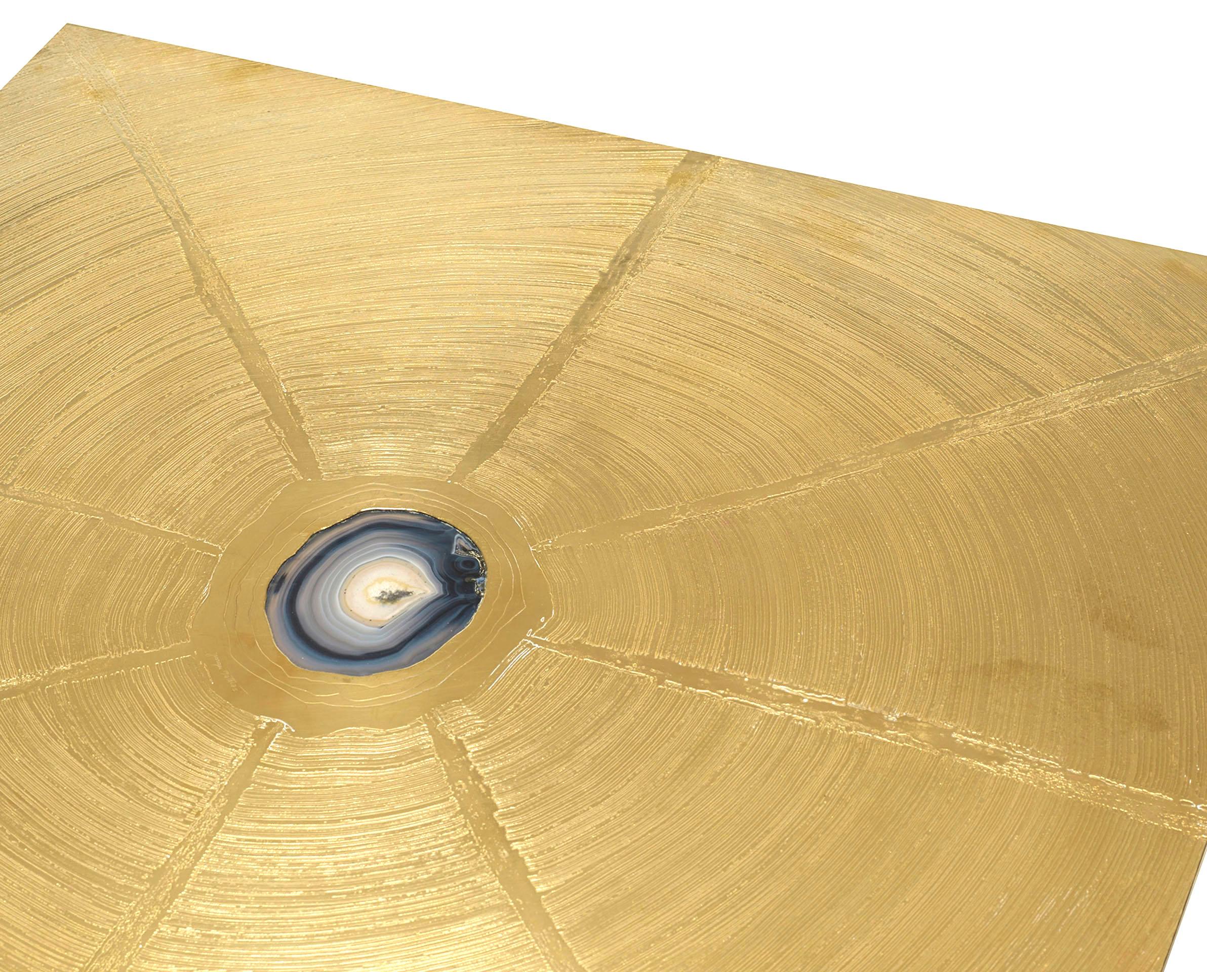 Belgian Modern (1980s) square acid etched brass coffee table with a centered inset agate stone on a pedestal base (signed on top GEORGE MATHIAS)
