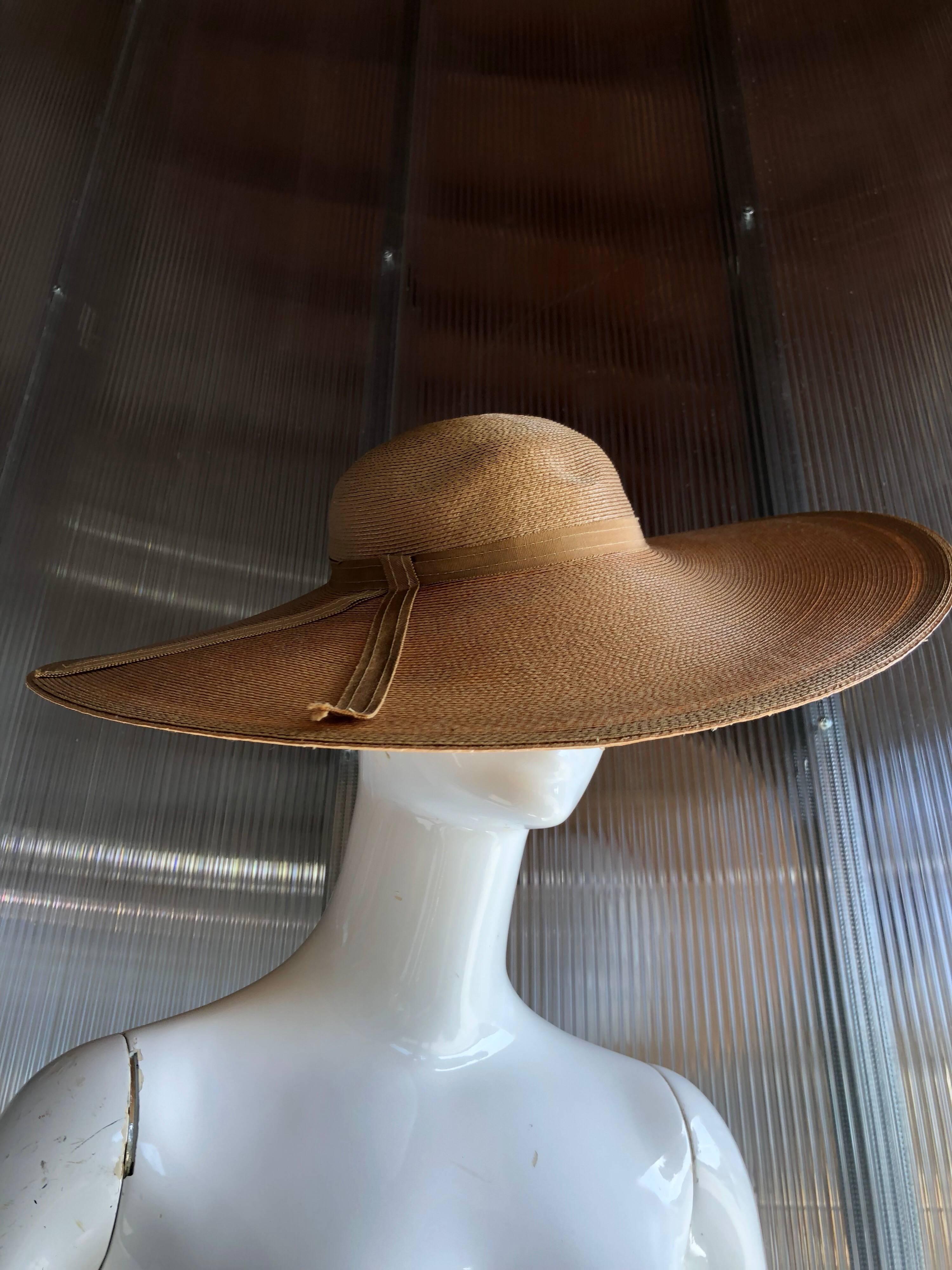 Brown 1980s Bellini Original Natural Milanese Straw Saucer-Shaped Hat