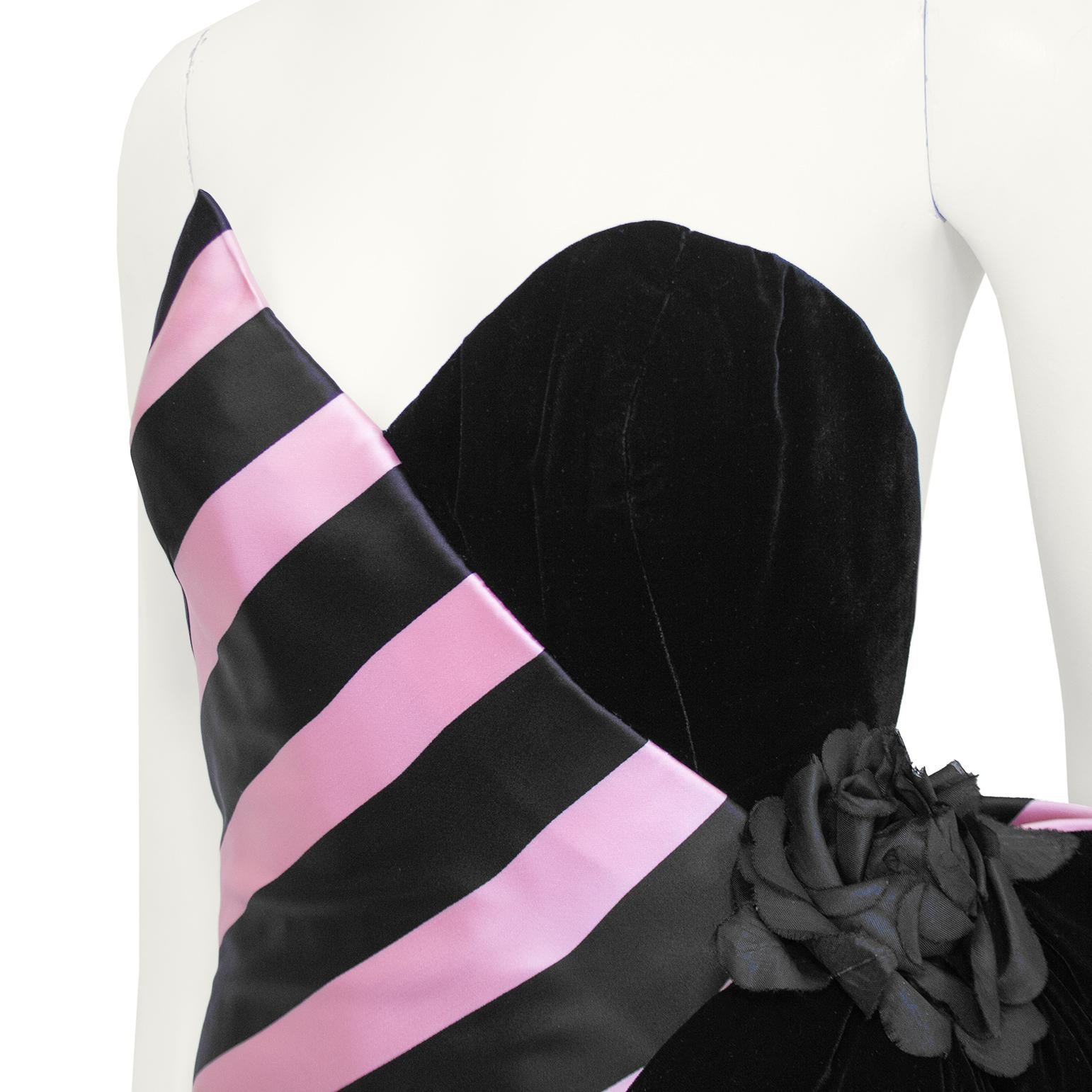 1980s Bellville Sassoon Black and Pink Strapless Gown For Sale 1