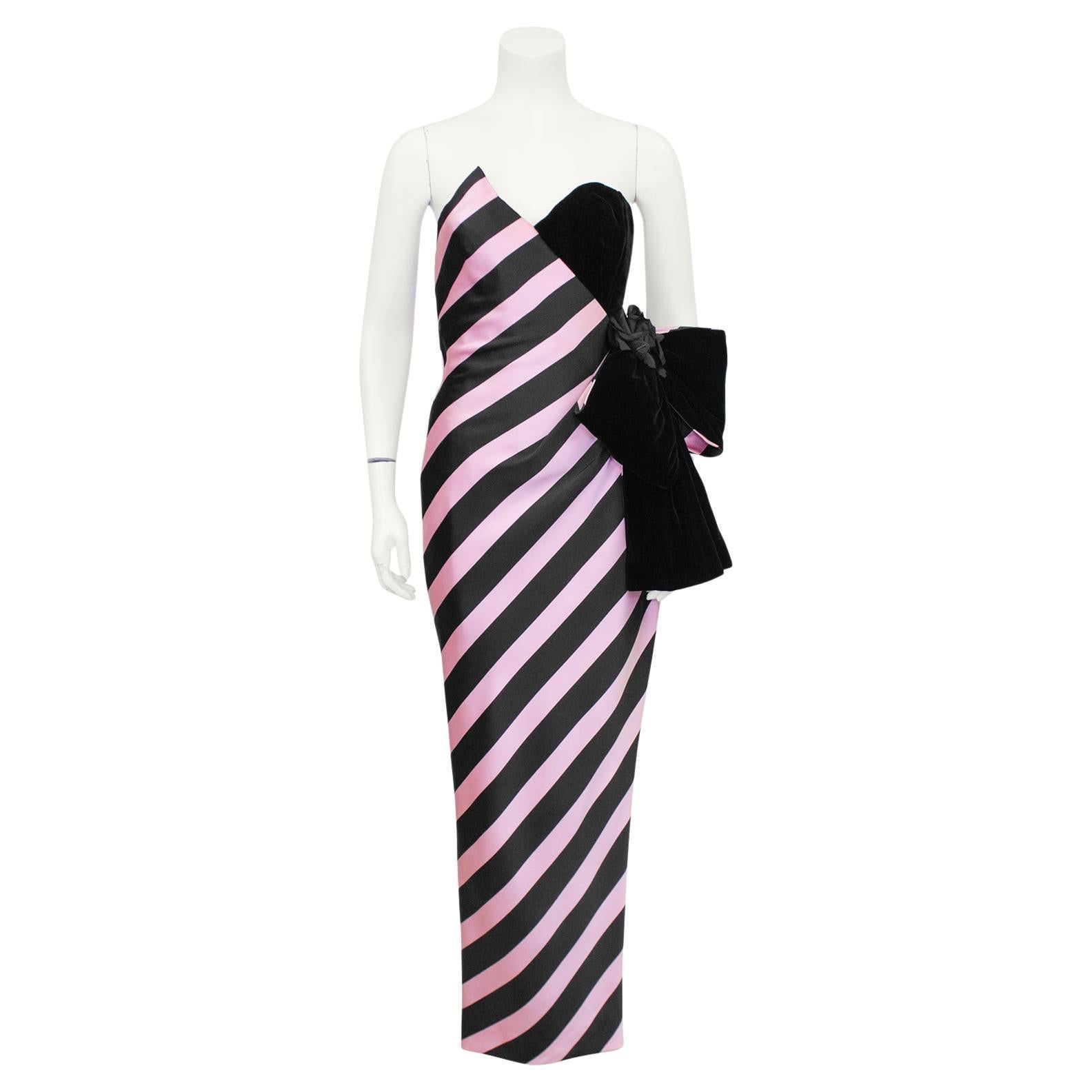1980s Bellville Sassoon Black and Pink Strapless Gown For Sale