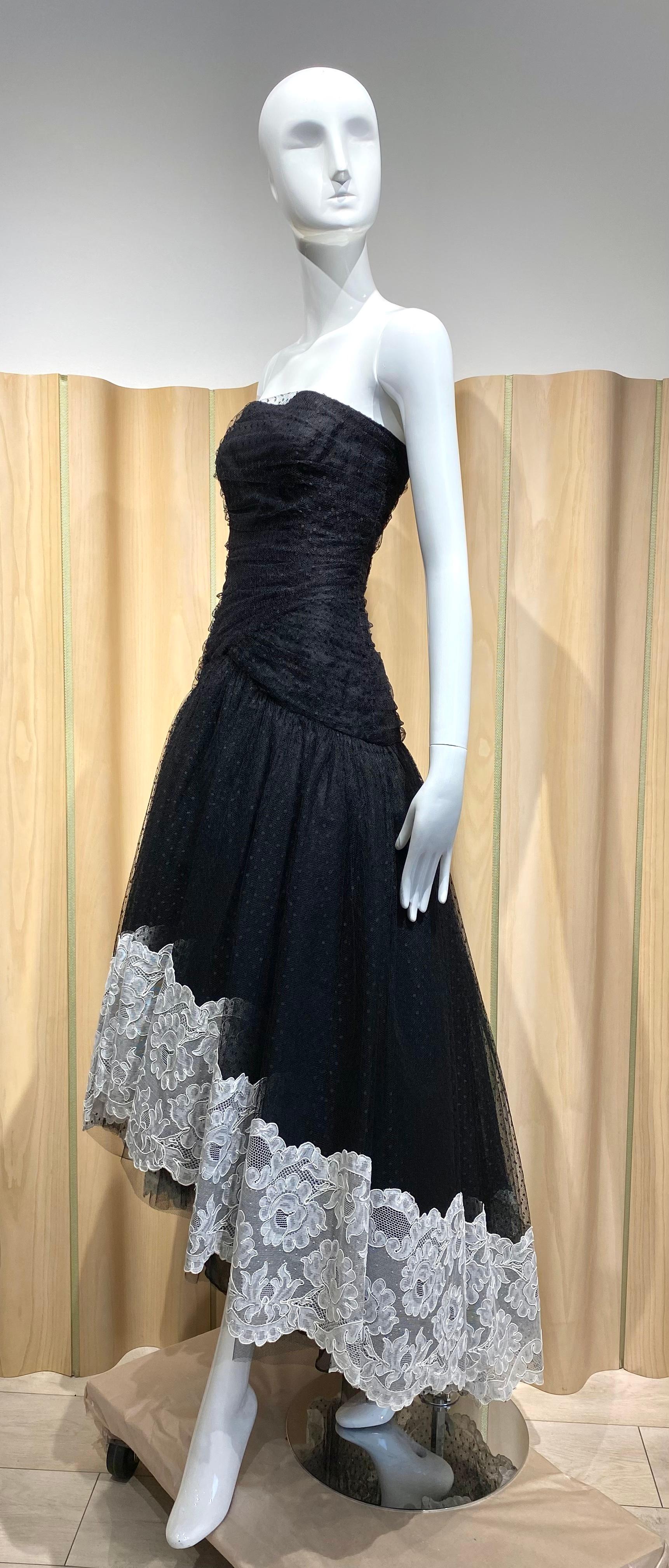 Women's 1980s Bellville Sassoon Black Strapless Tulle Gown with Large Shawl For Sale